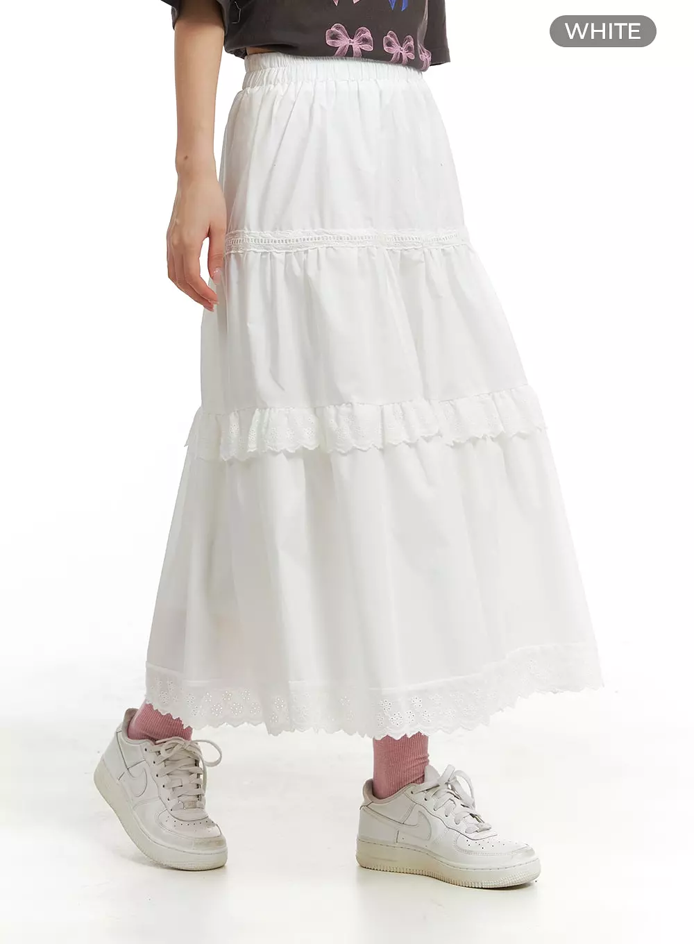 Lace Mid Rise Tiered Maxi Skirt OM429