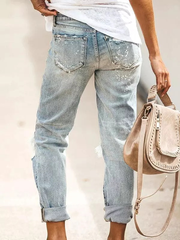 Ladies Ripped Straight-Leg Jeans