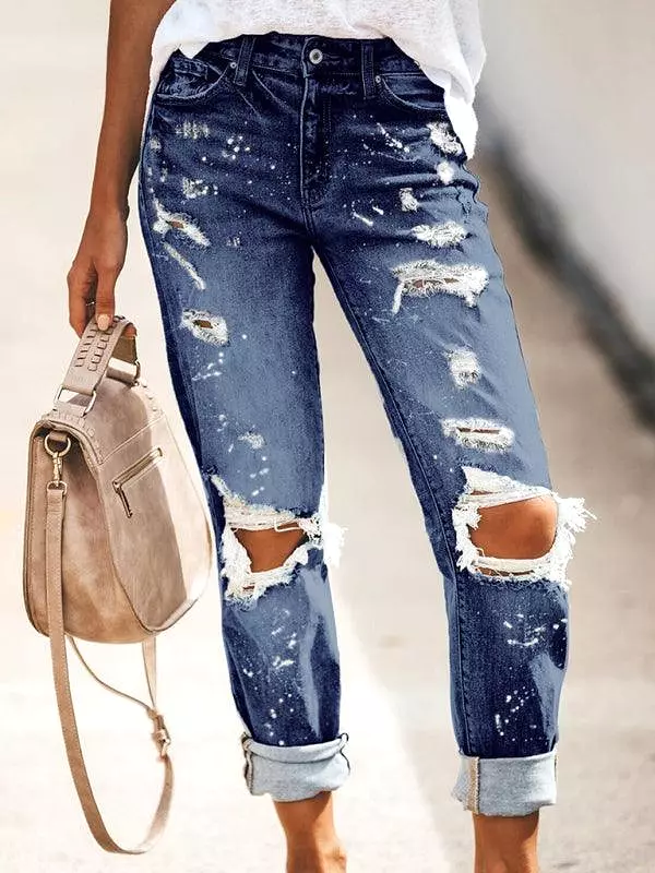 Ladies Ripped Straight-Leg Jeans