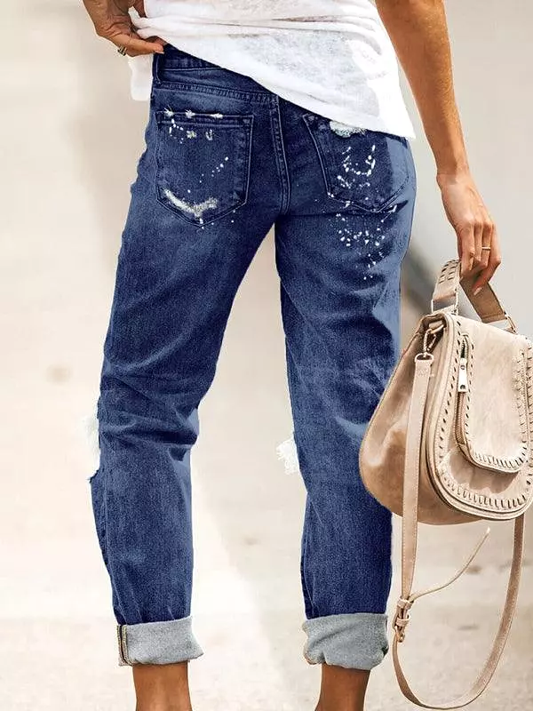 Ladies Ripped Straight-Leg Jeans