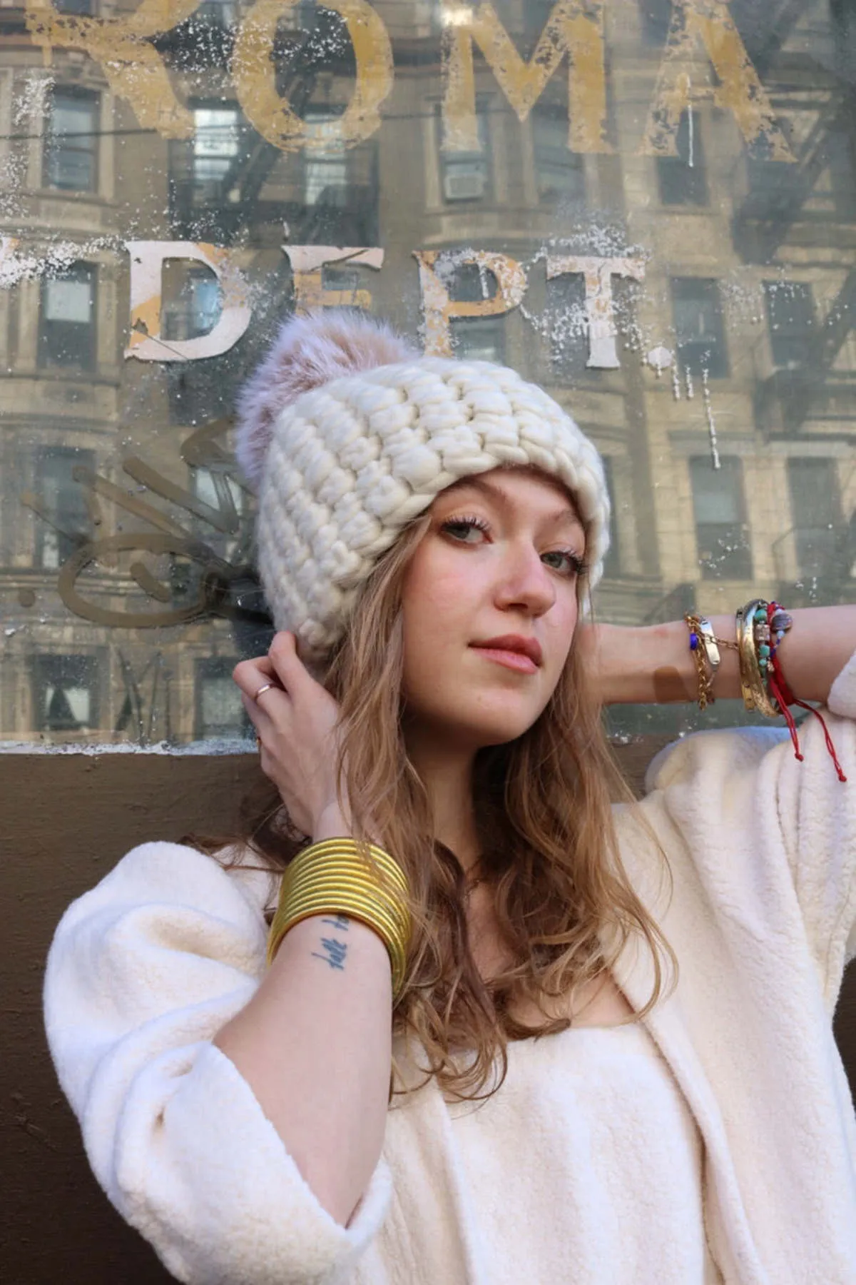 Lampert XL pom pomster beanies - white beanie/blush