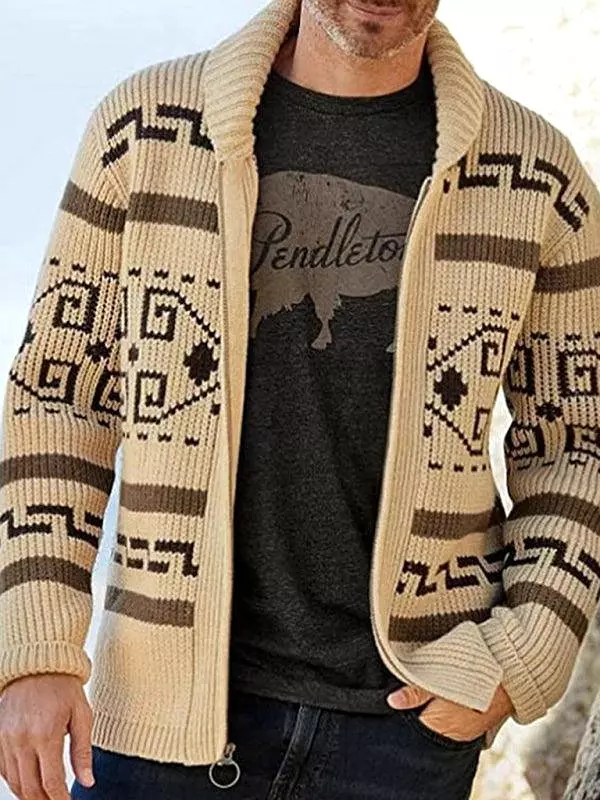 Lapel Jacquard Men Cardigan Sweater