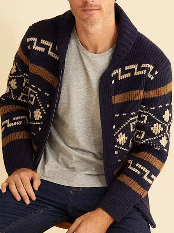 Lapel Jacquard Men Cardigan Sweater