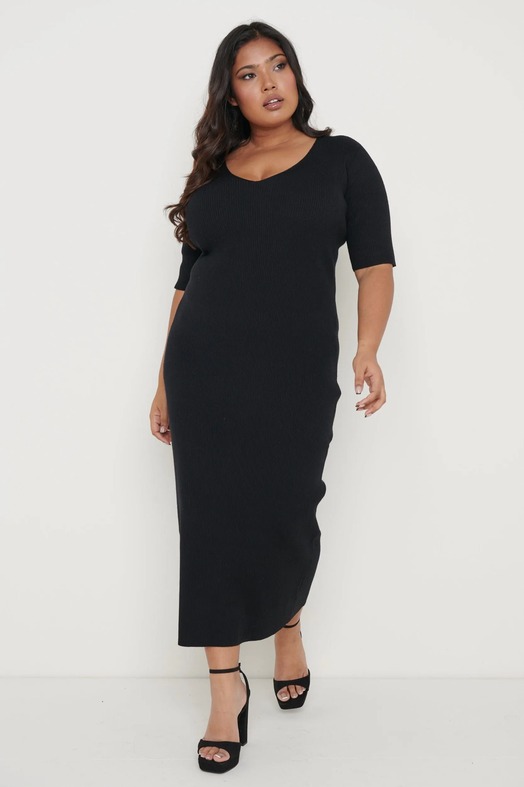 Lara Ribbed Midi Dress - Black