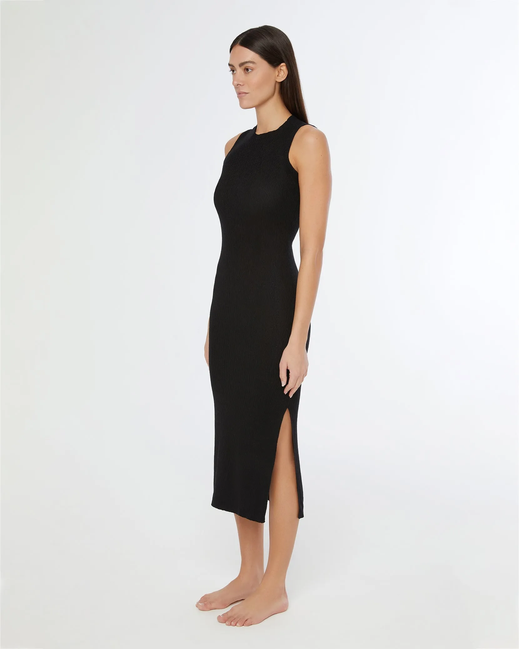 Linen Rib Tank Midi Dress | Black