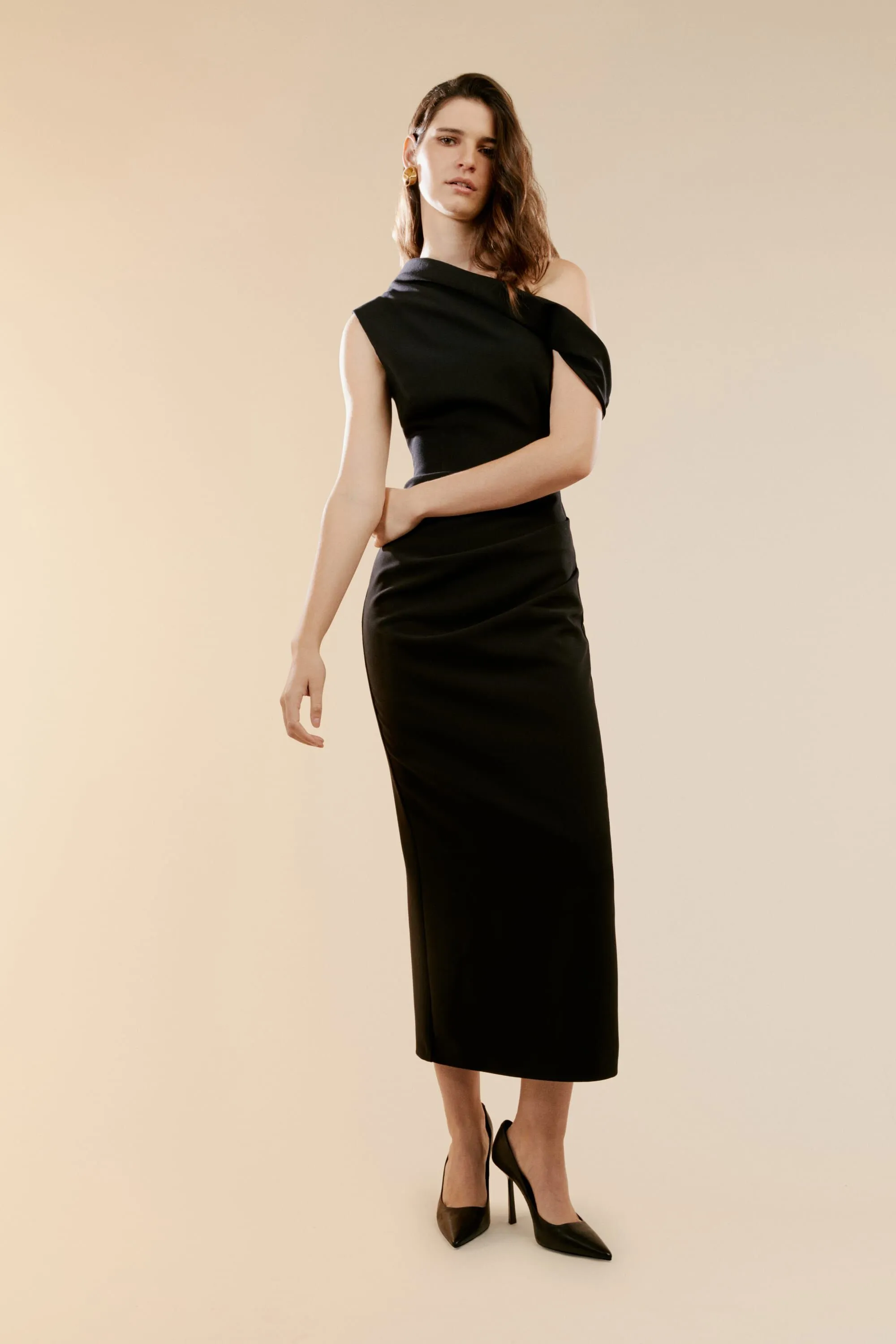 maeve asymmetric midi dress in black