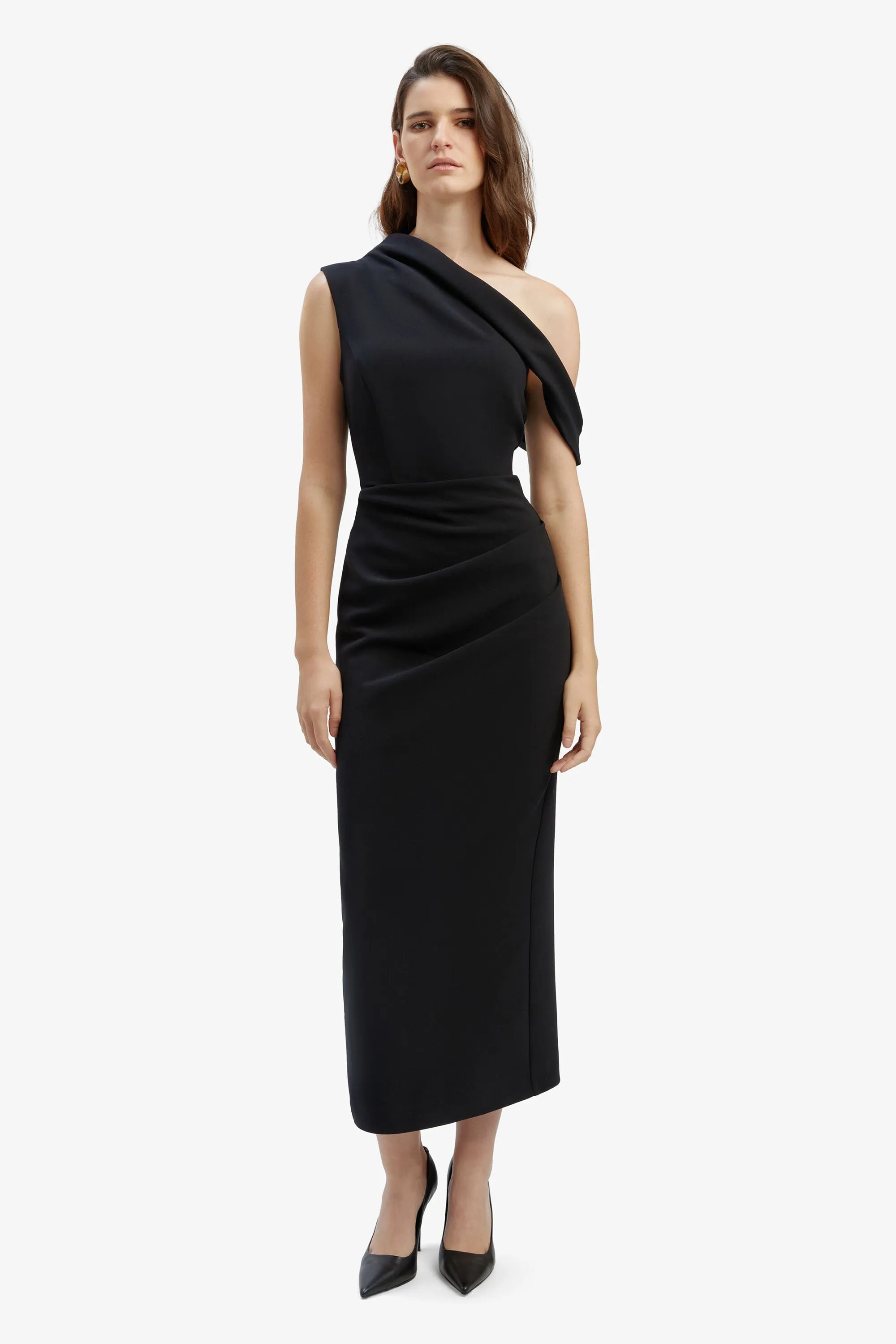 maeve asymmetric midi dress in black