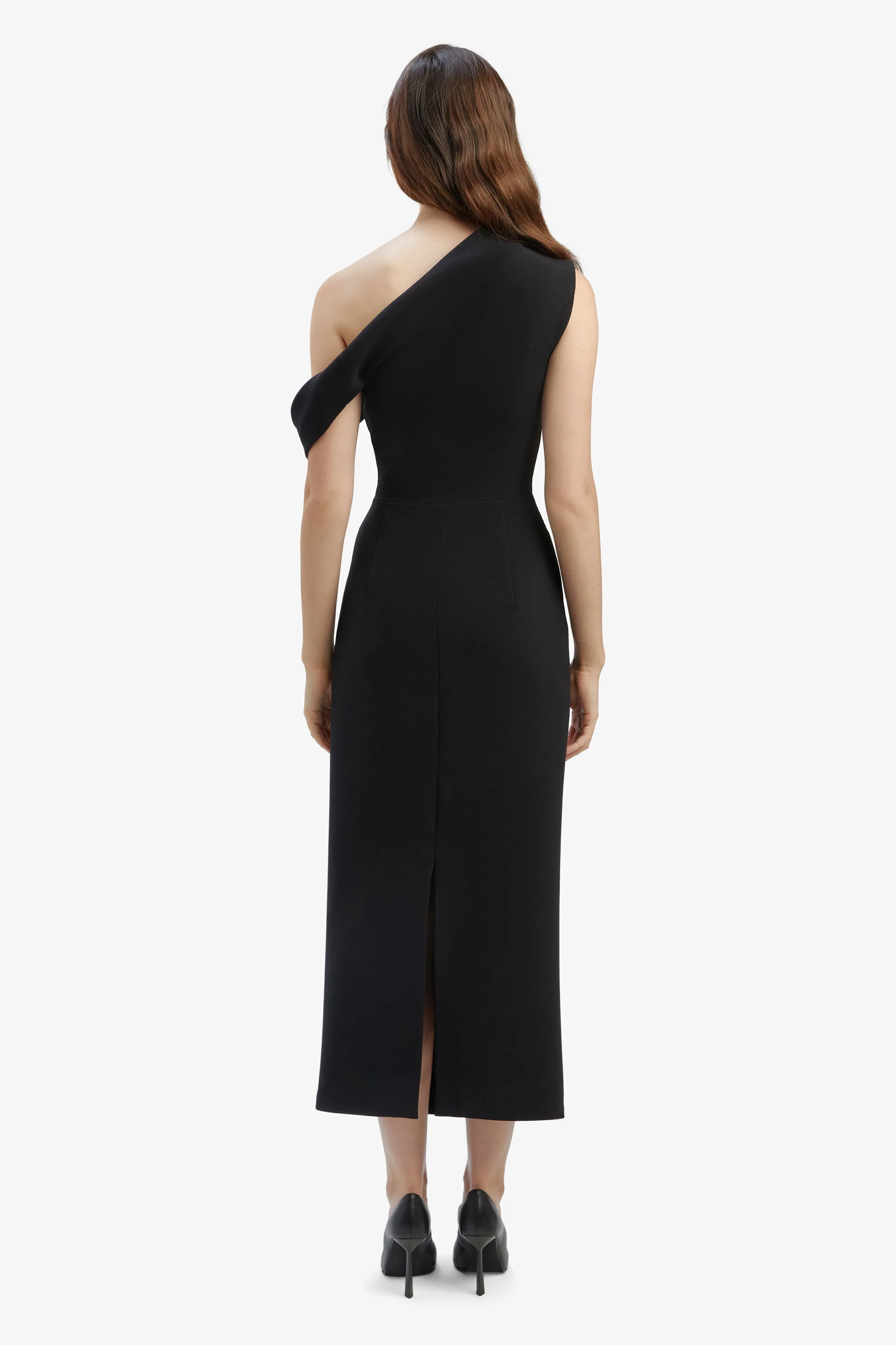 maeve asymmetric midi dress in black