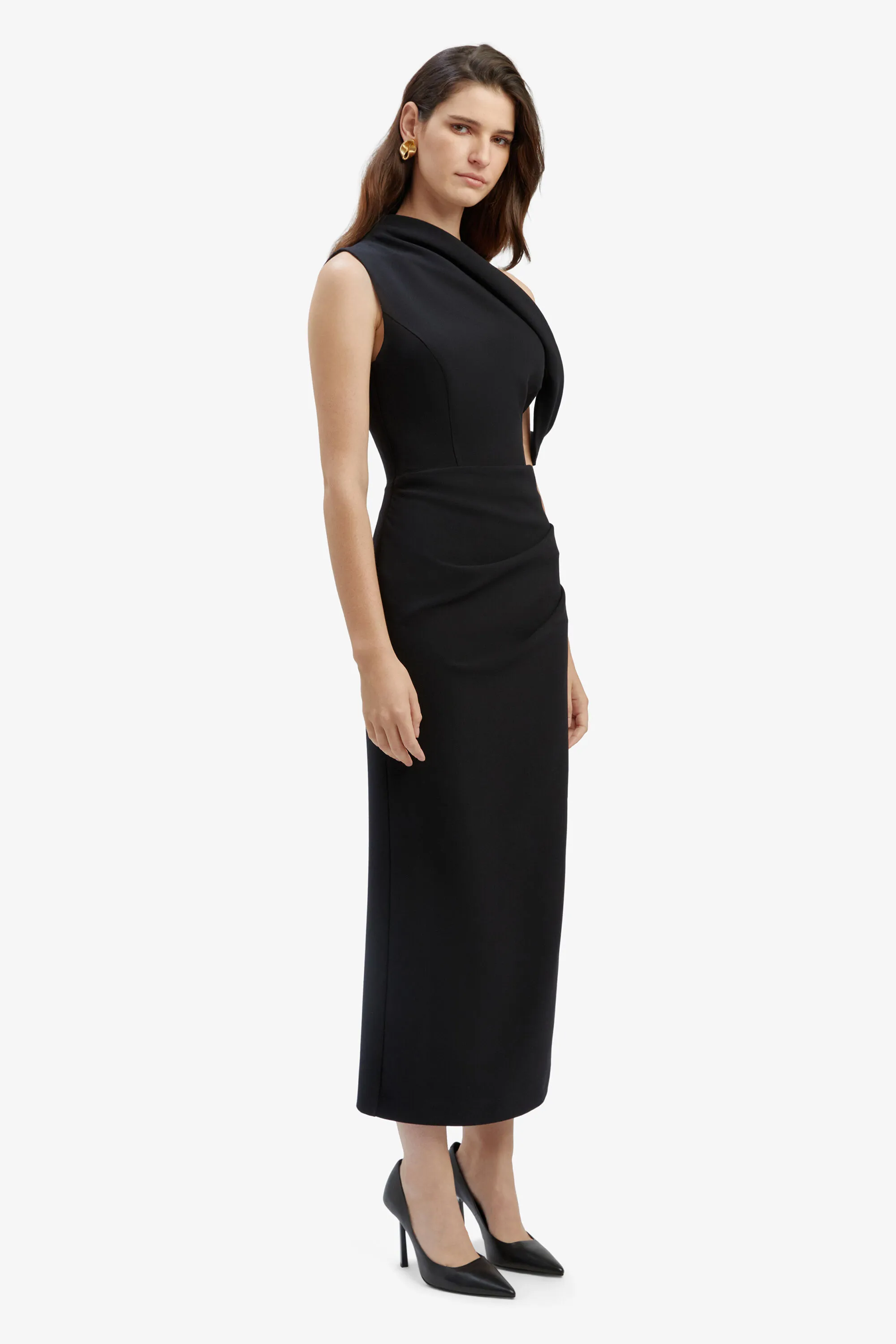 maeve asymmetric midi dress in black