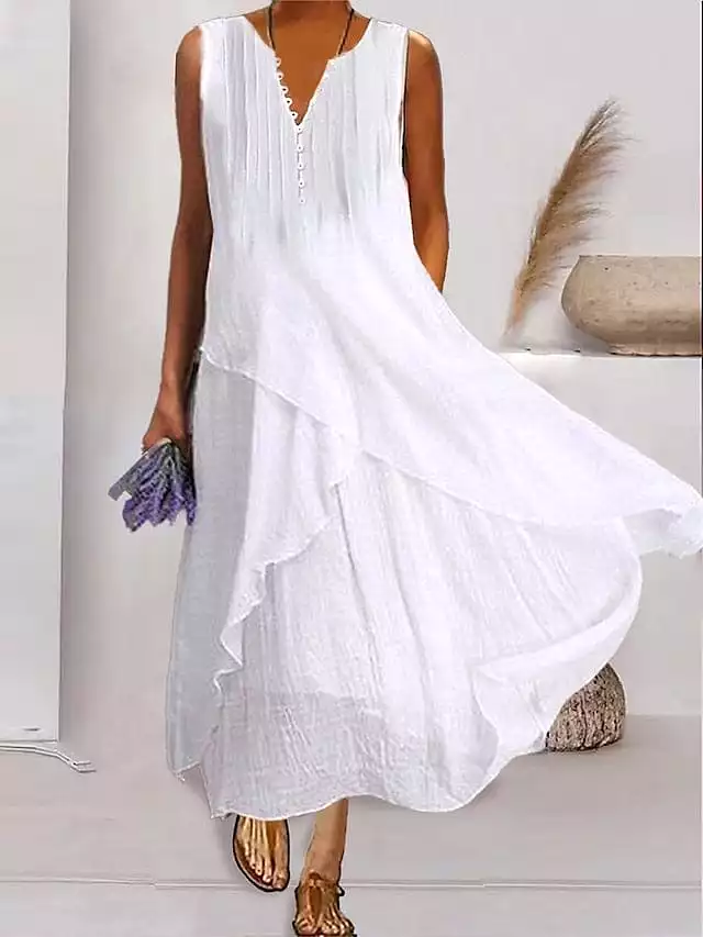 Maxi Dress with V-Neckline and Button Pocket