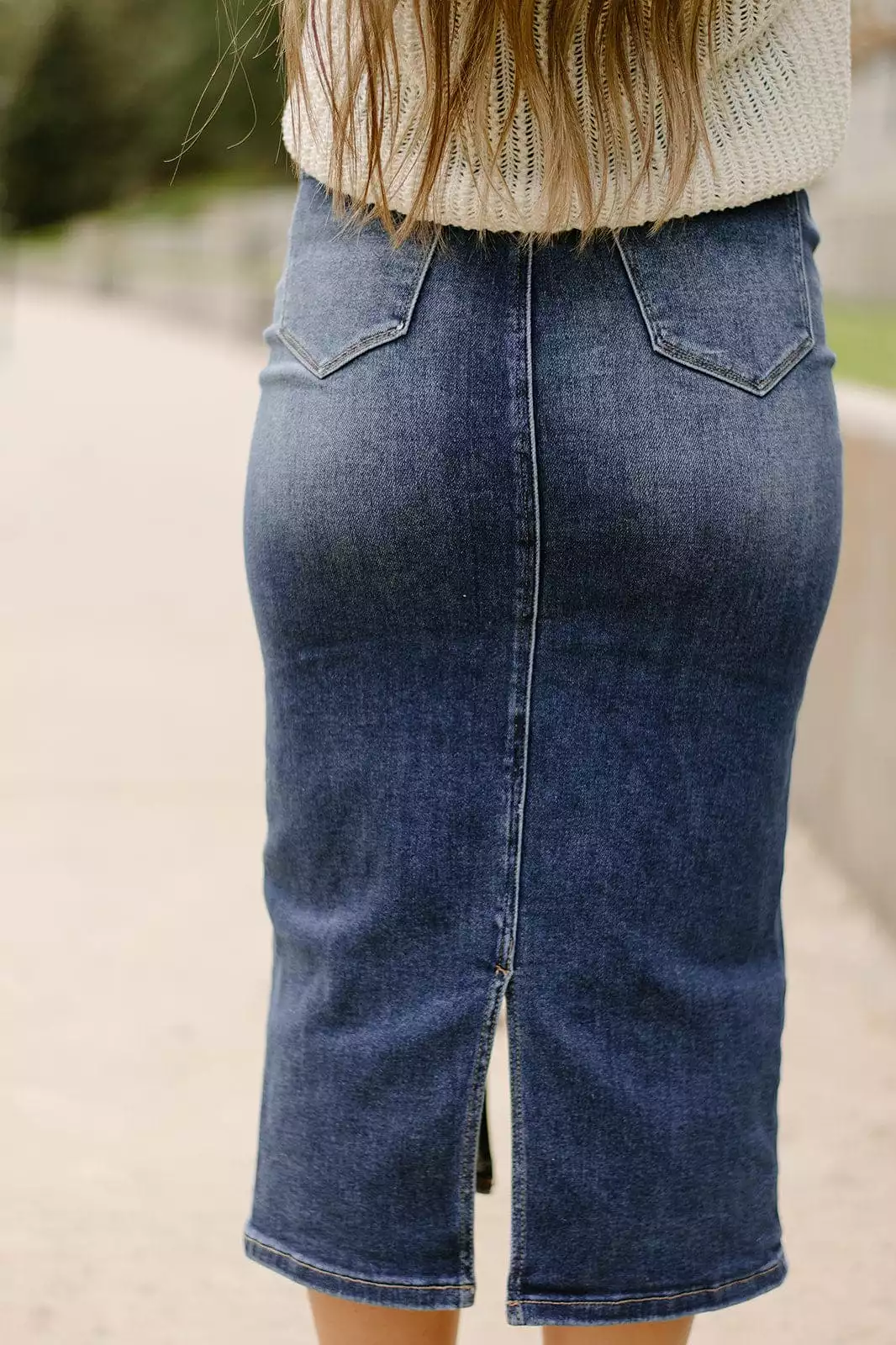 Medium Wash Crossover Denim Midi