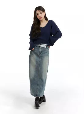 Mid Waist Solid Button Washed Denim Maxi Skirt OJ411