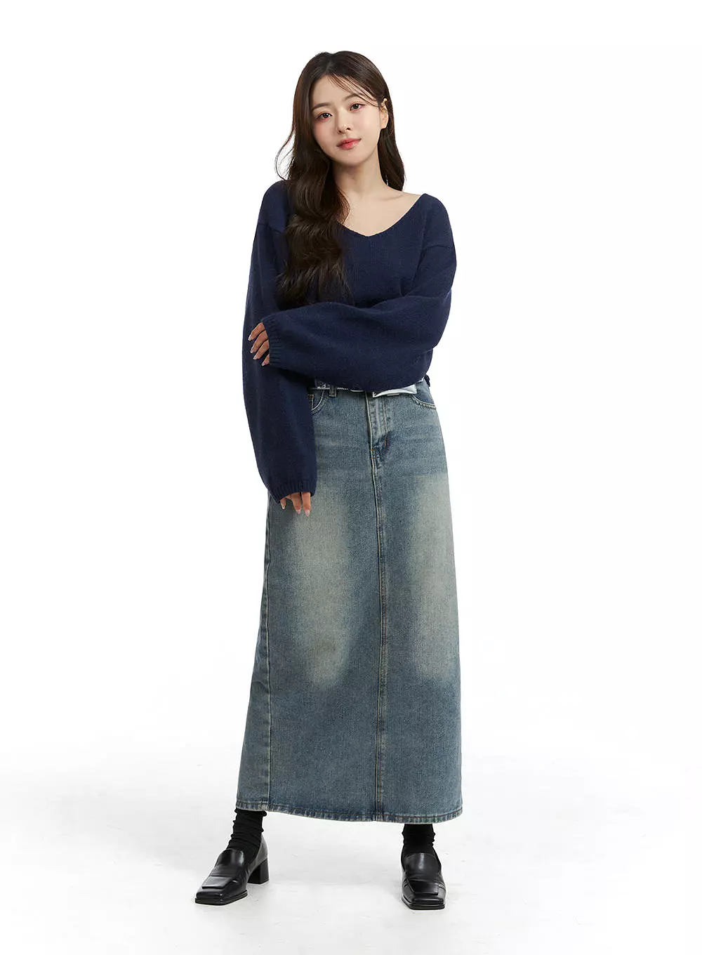 Mid Waist Solid Button Washed Denim Maxi Skirt OJ411