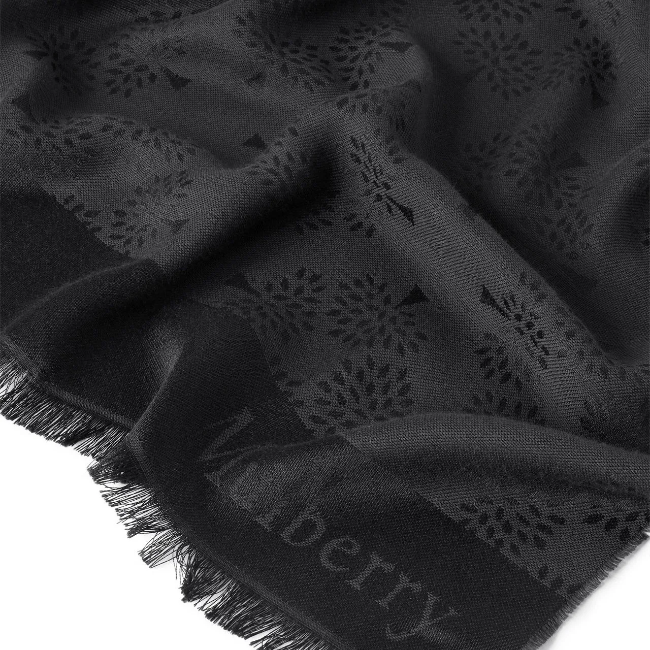 MULBERRY Logo Tree Fringed Scarf - Black