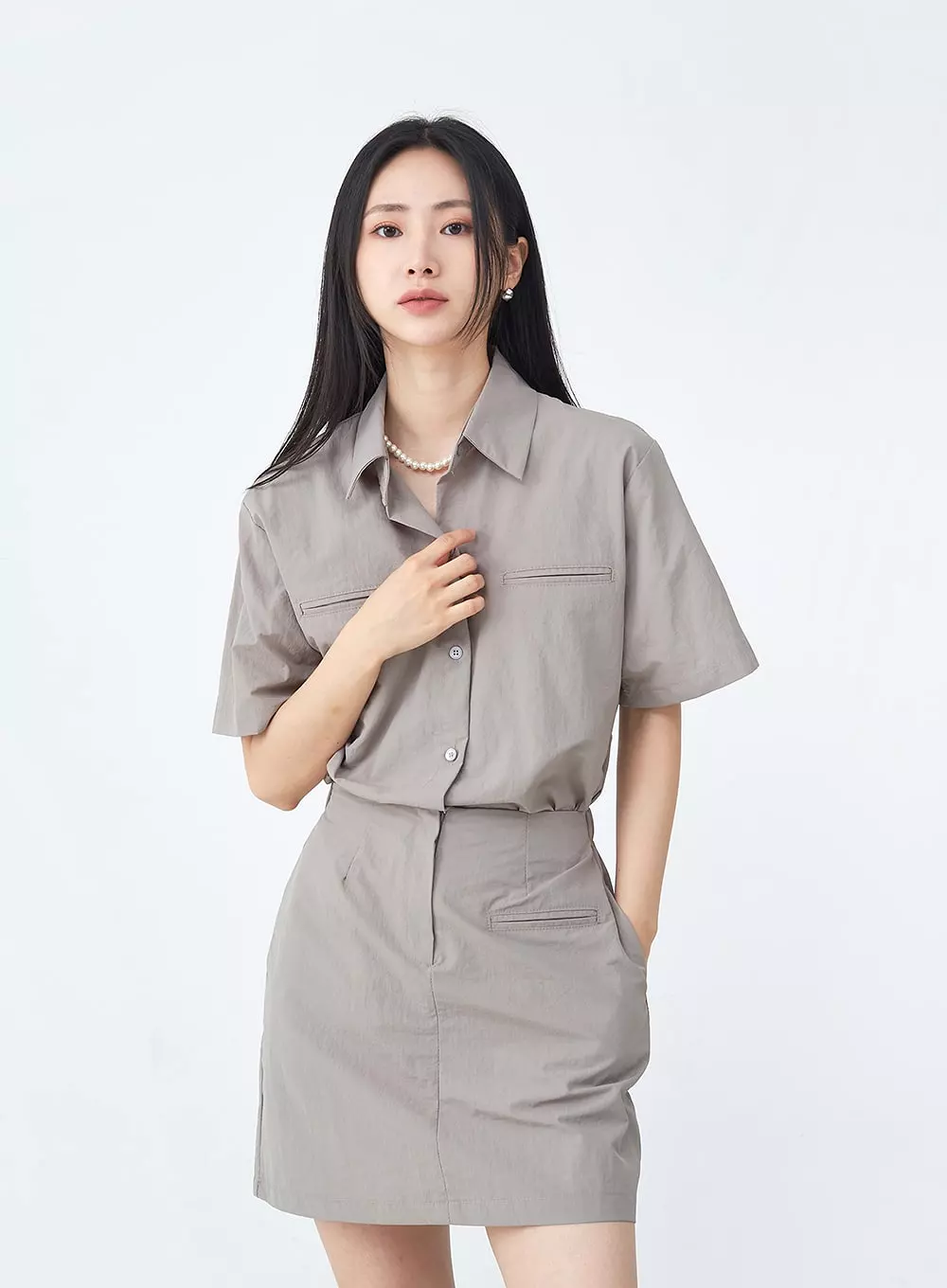 Nylon Set-up Skirt with Fake Pocket UU1407