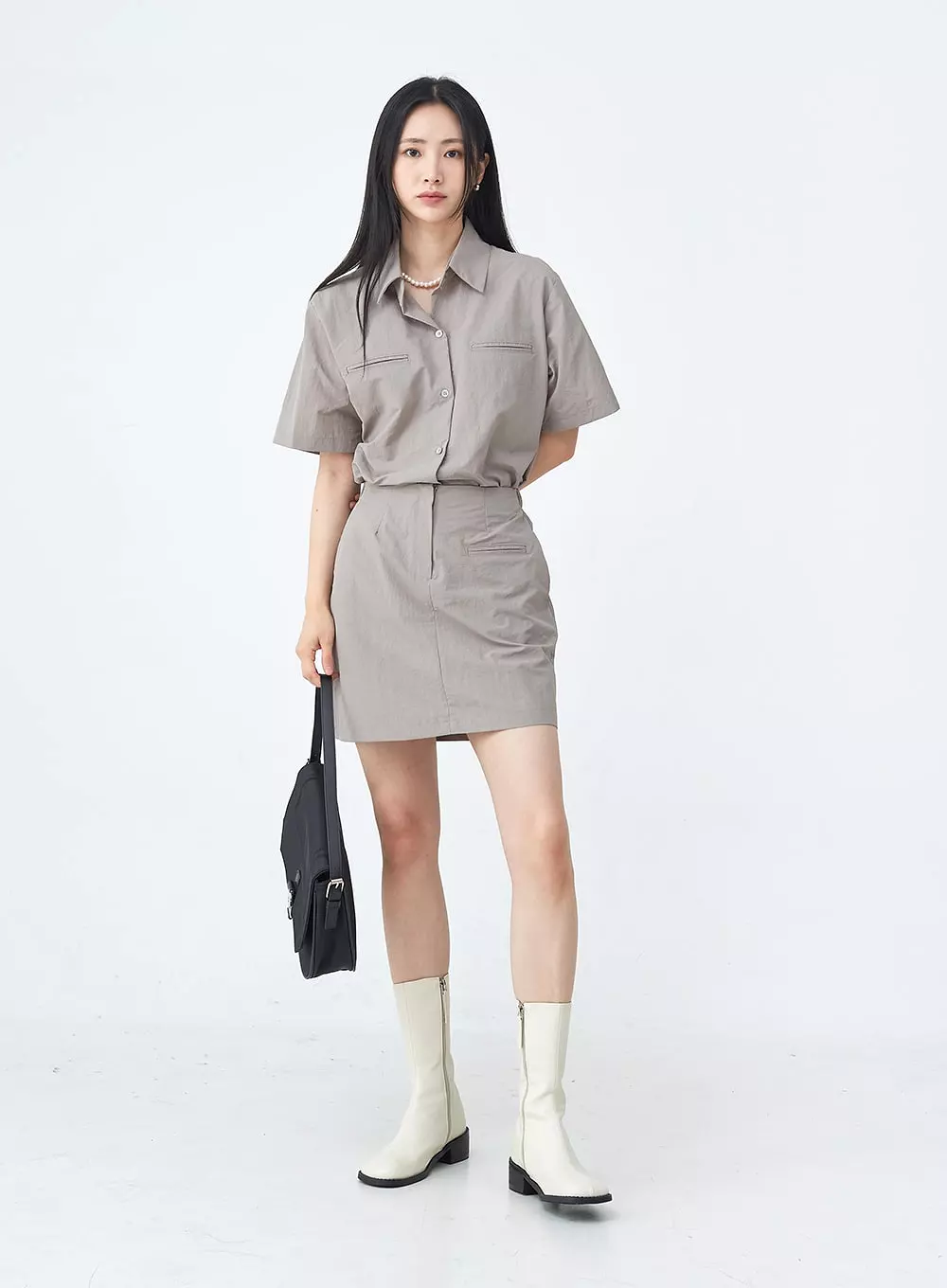 Nylon Set-up Skirt with Fake Pocket UU1407