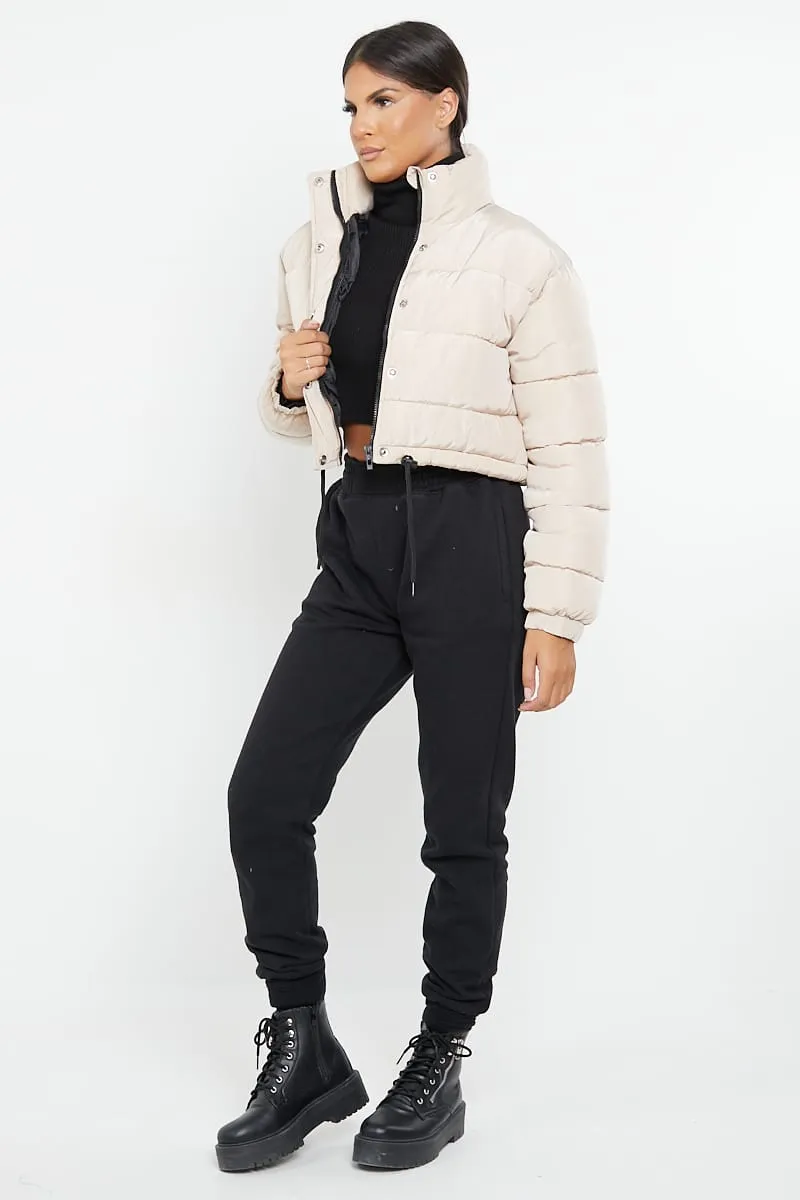 PADDED CROP PUFFER JACKET- BEIGE