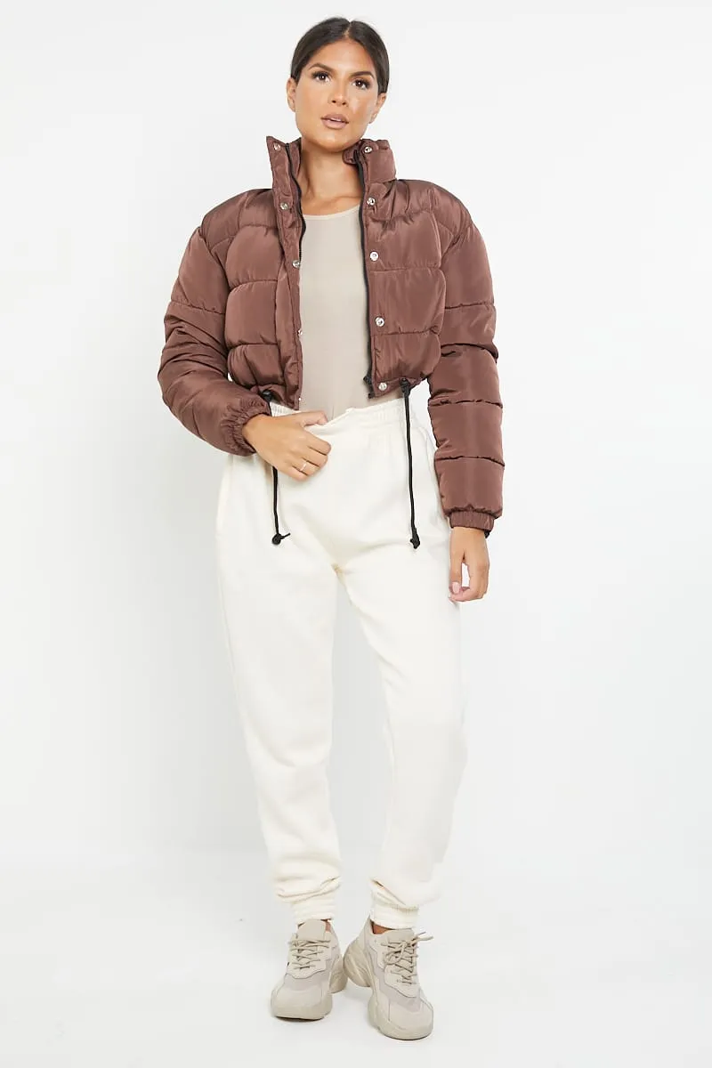 PADDED CROP PUFFER JACKET- CHOCOLATE