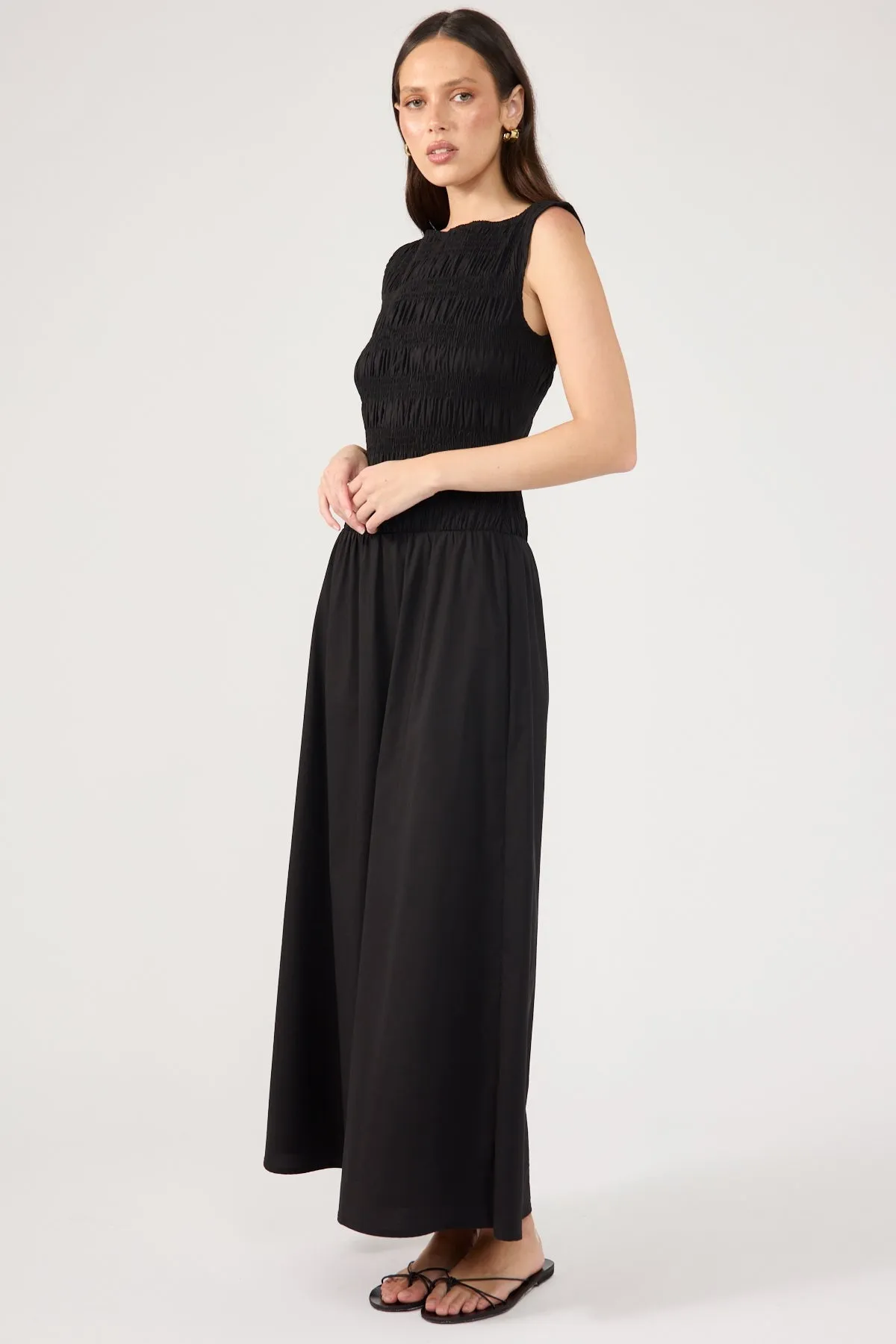 Perfect Stranger Shirred High Neck Midi Dress Black