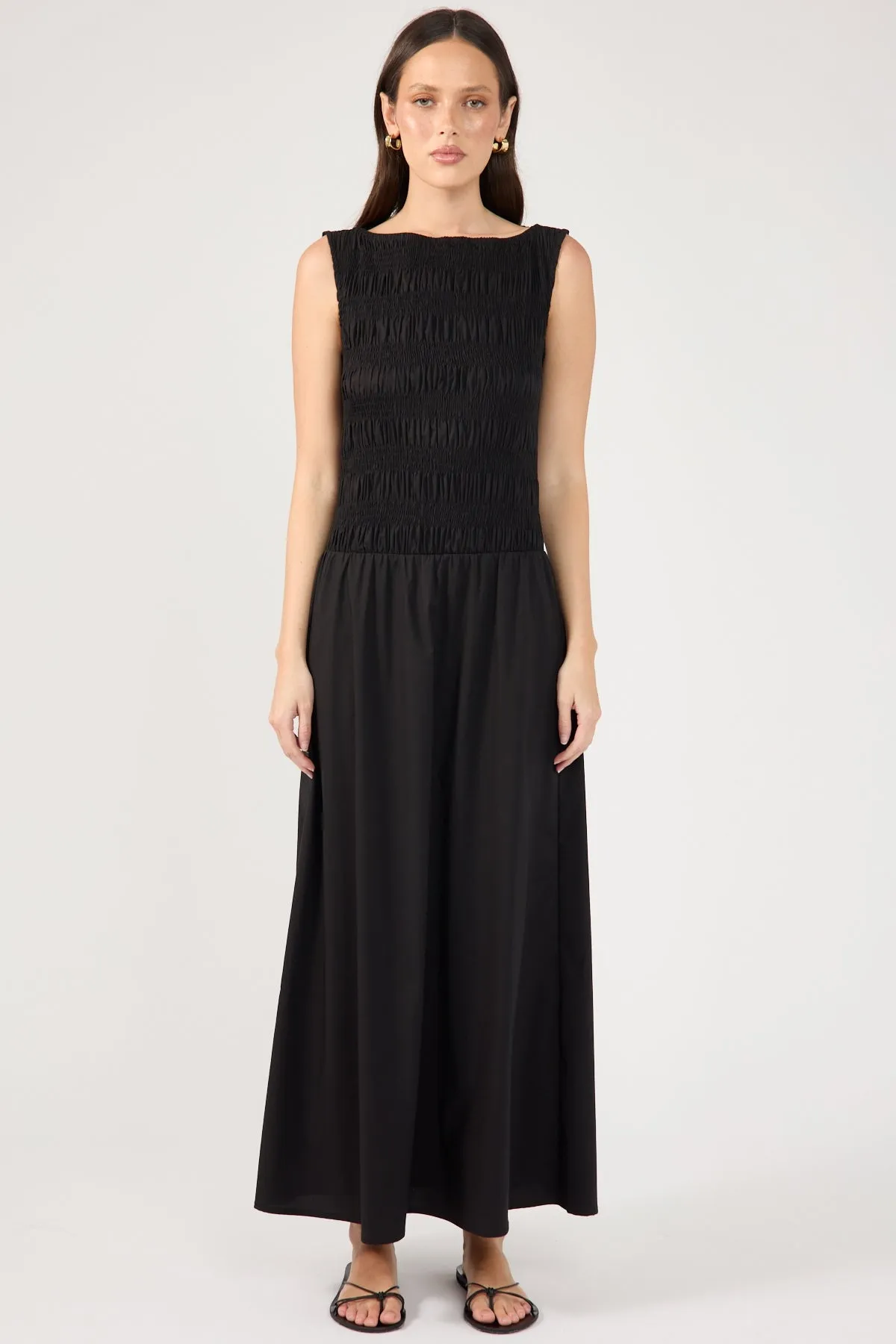 Perfect Stranger Shirred High Neck Midi Dress Black