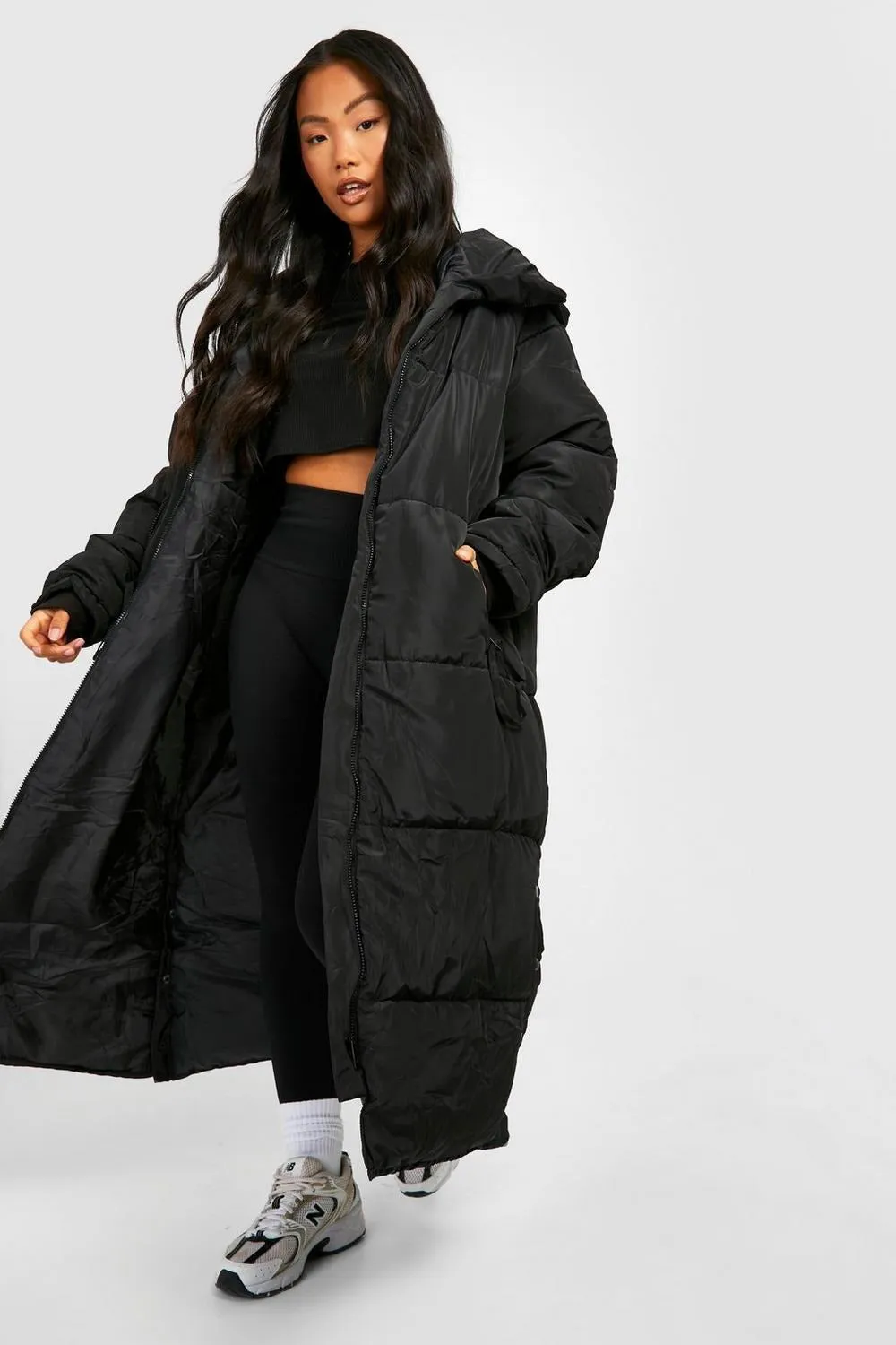 PETITE HOODED LONGLINE PUFFER JACKET-BLACK