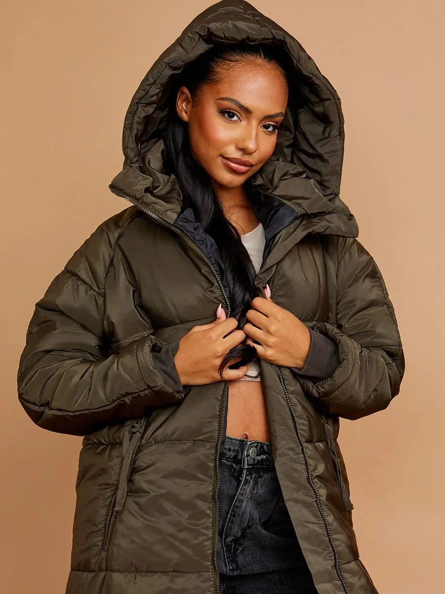 PETITE HOODED LONGLINE PUFFER JACKET-OLIVE