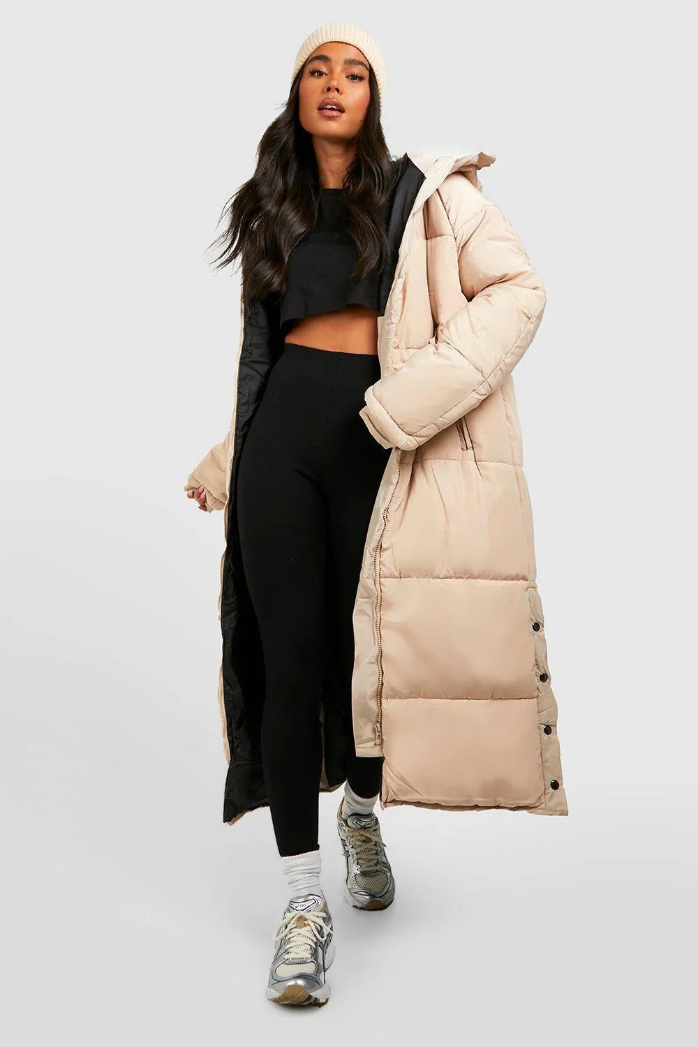 PETITE HOODED LONGLINE PUFFER JACKET-STONE