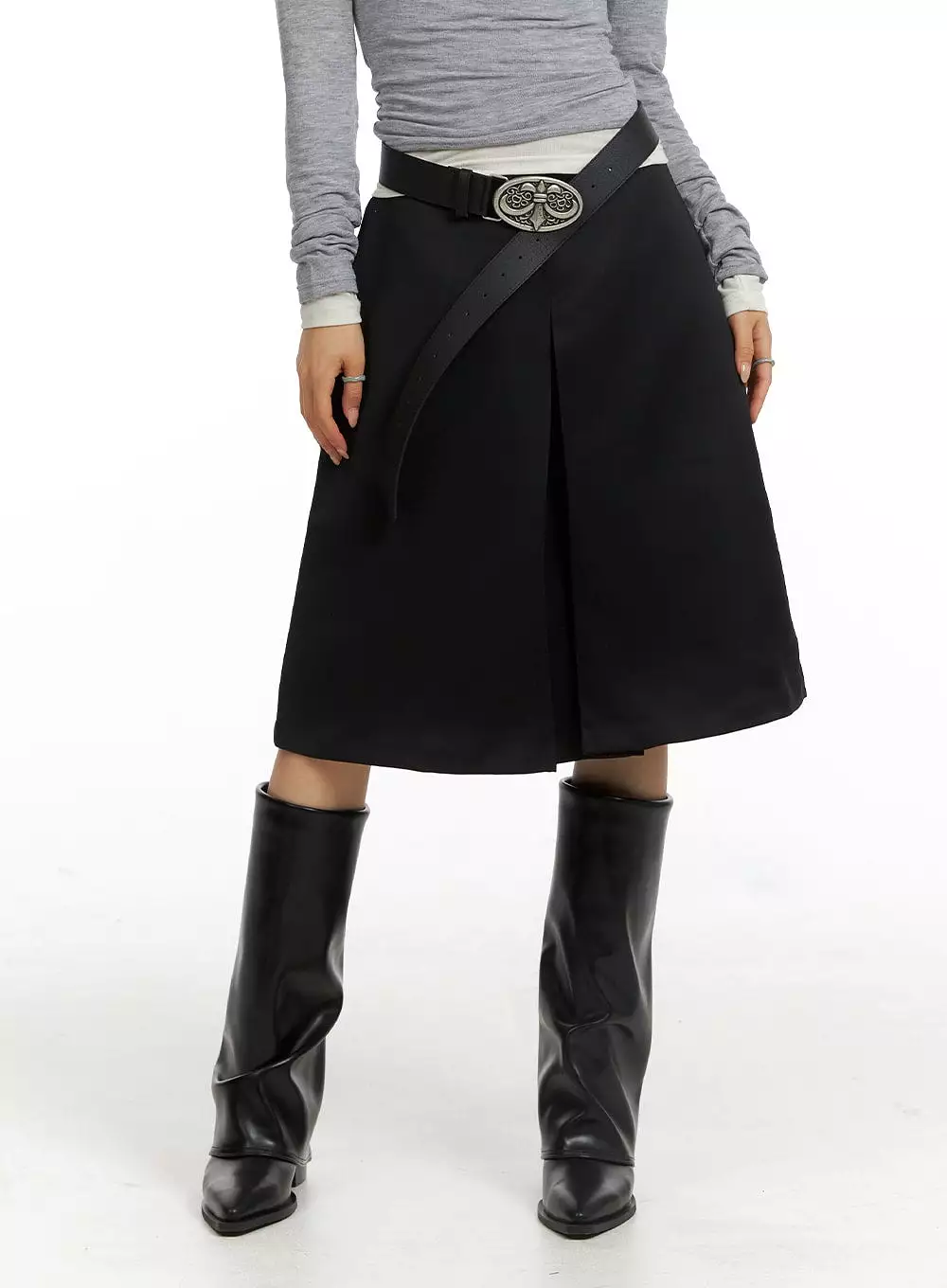 Pleated Mid-Length Solid Skirt CJ417