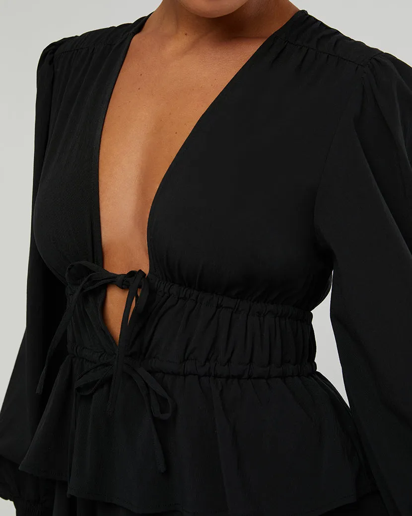 Poplin Peplum Midi Dress | Black