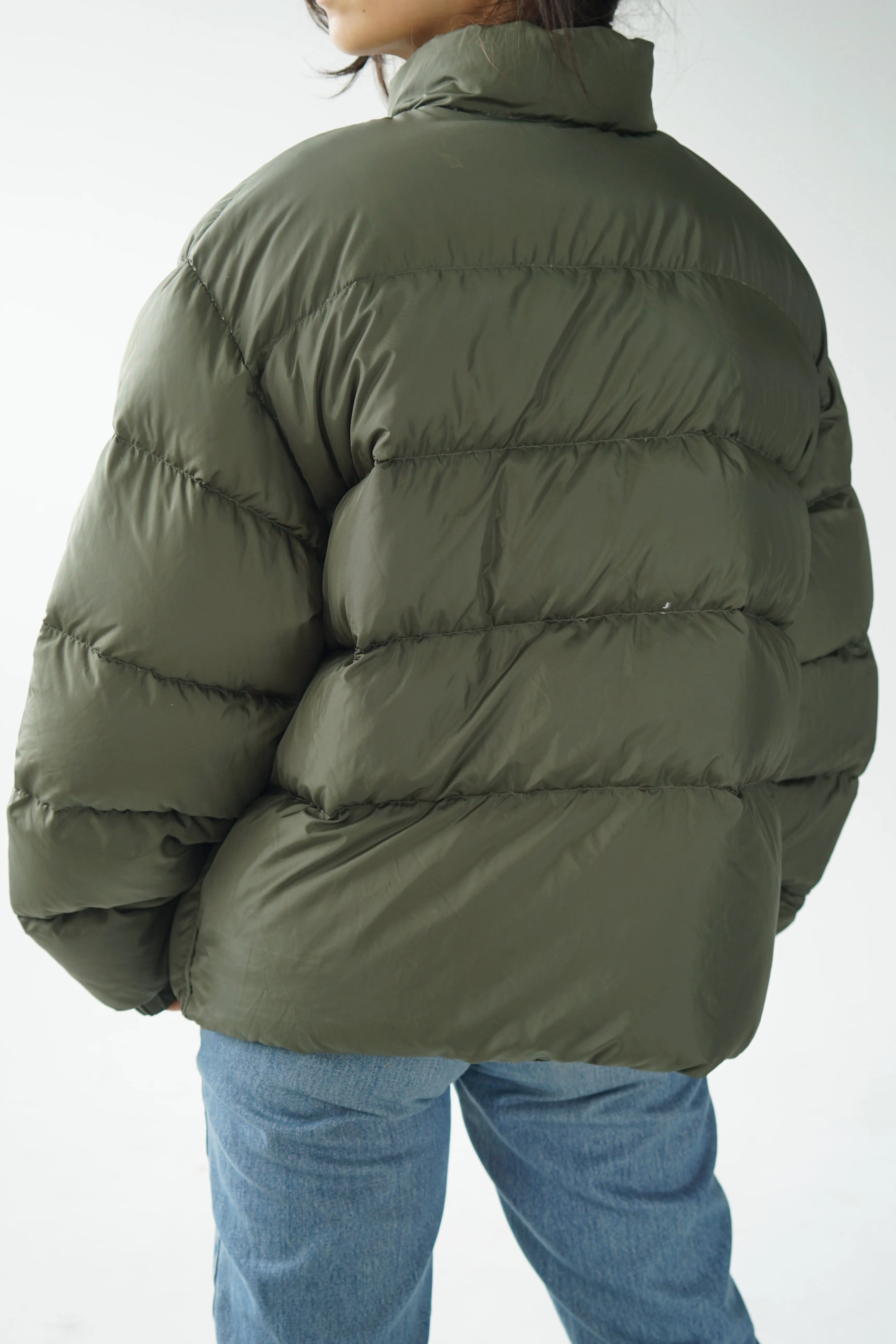 Puffer réversible en duvet kaki/vert