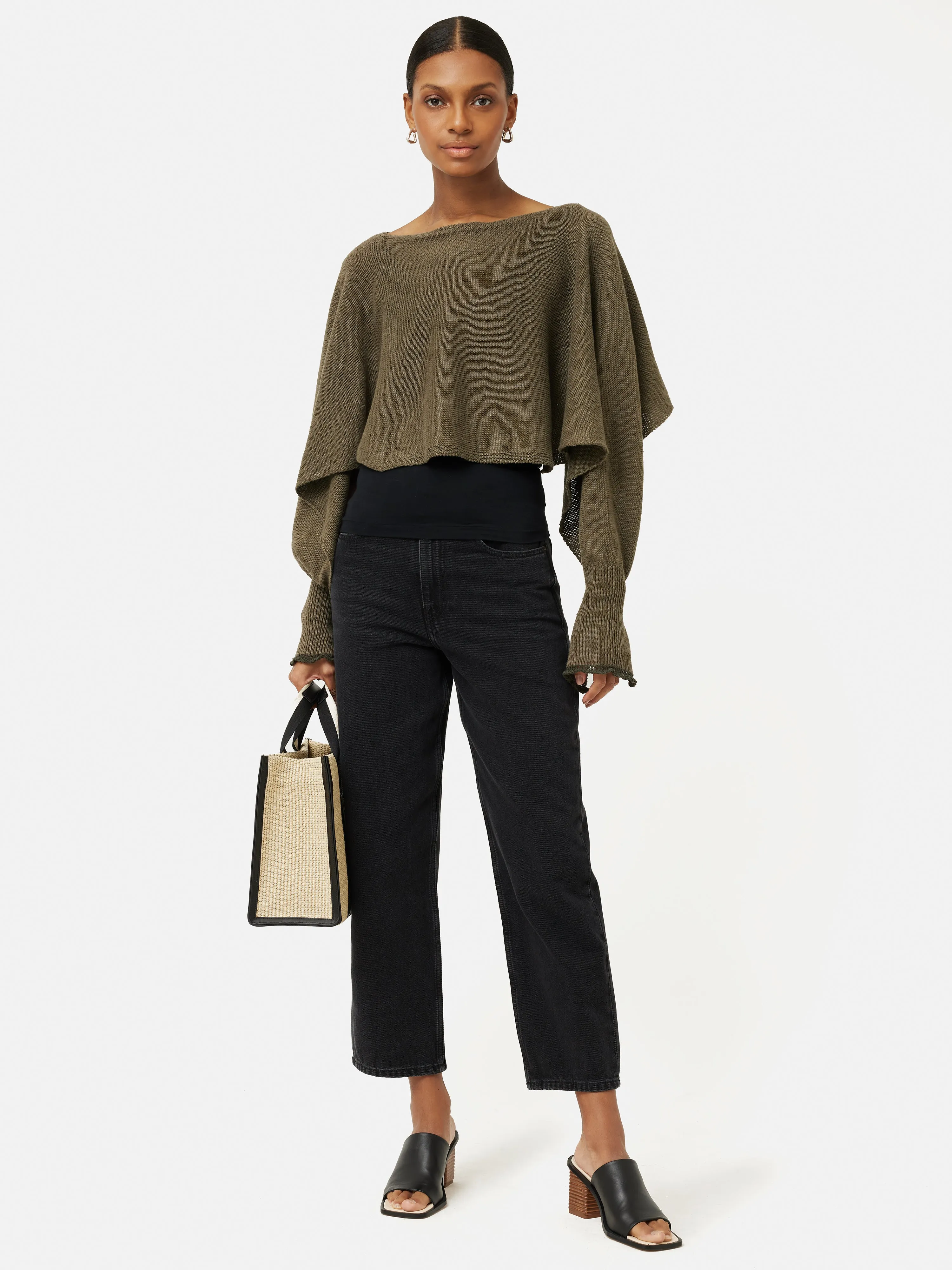 Pure Linen Poncho Sweater | Khaki