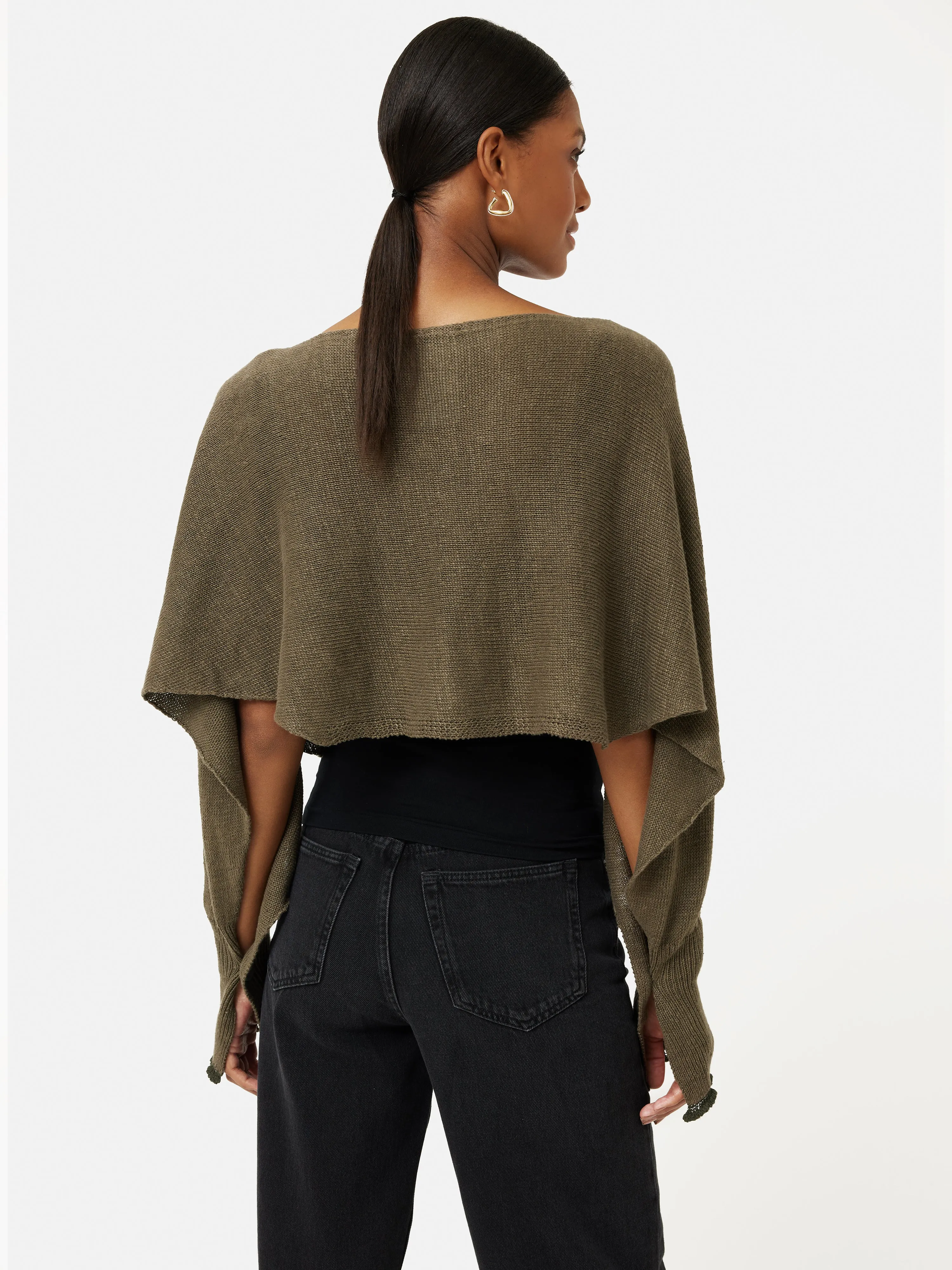 Pure Linen Poncho Sweater | Khaki