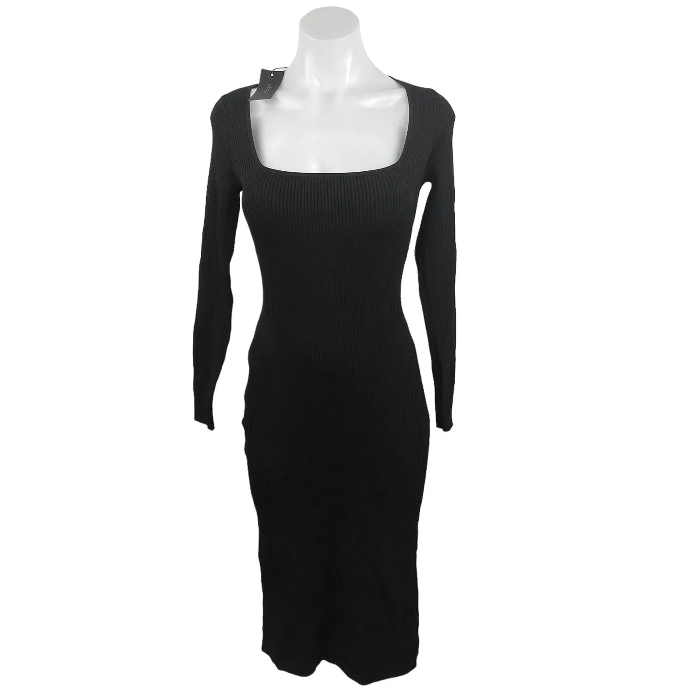 Rag & Bone NWT Black Asher Rib Knit Long Sleeve Square Neck Bodycon Midi Dress S