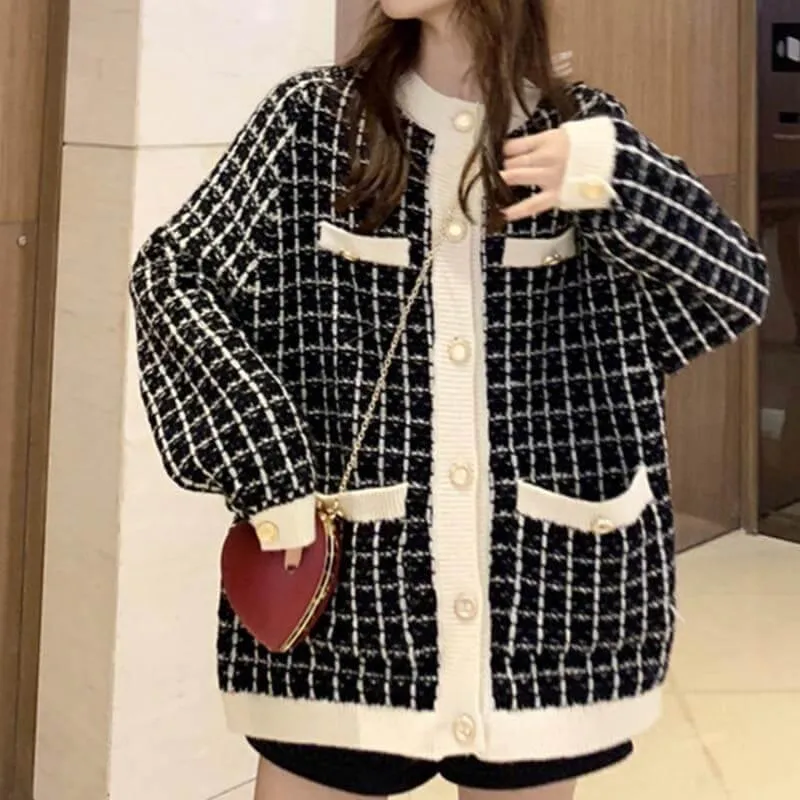 Retro Plaid Oversized Cardigan Sweater for Women