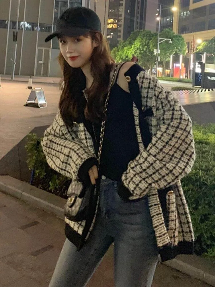 Retro Plaid Oversized Cardigan Sweater for Women