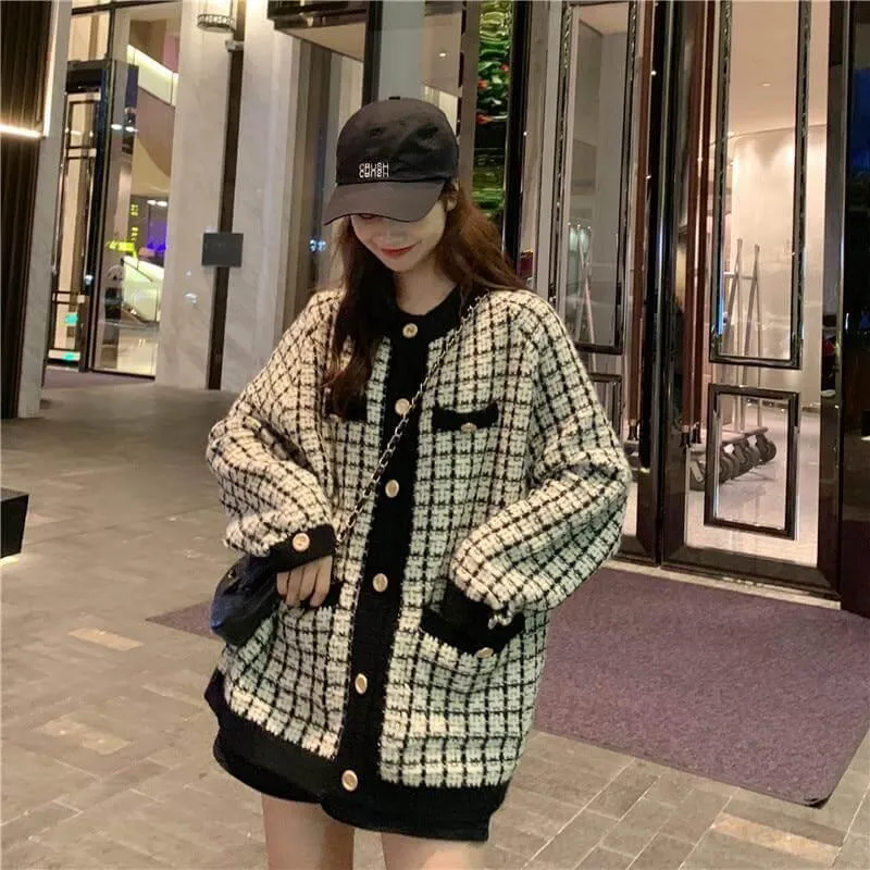 Retro Plaid Oversized Cardigan Sweater for Women