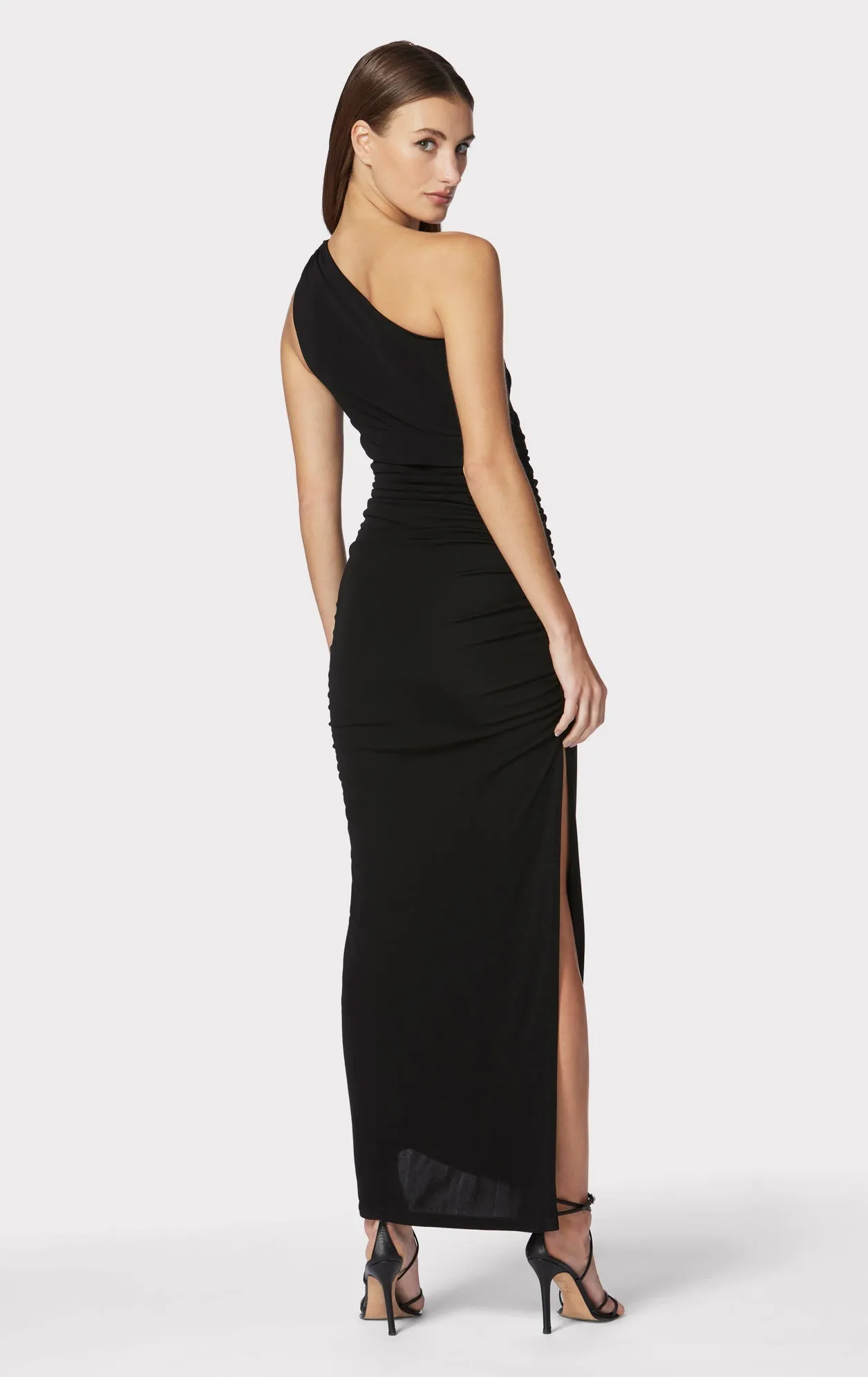 Ruched Jersey One Shoulder Midi Dress | Black