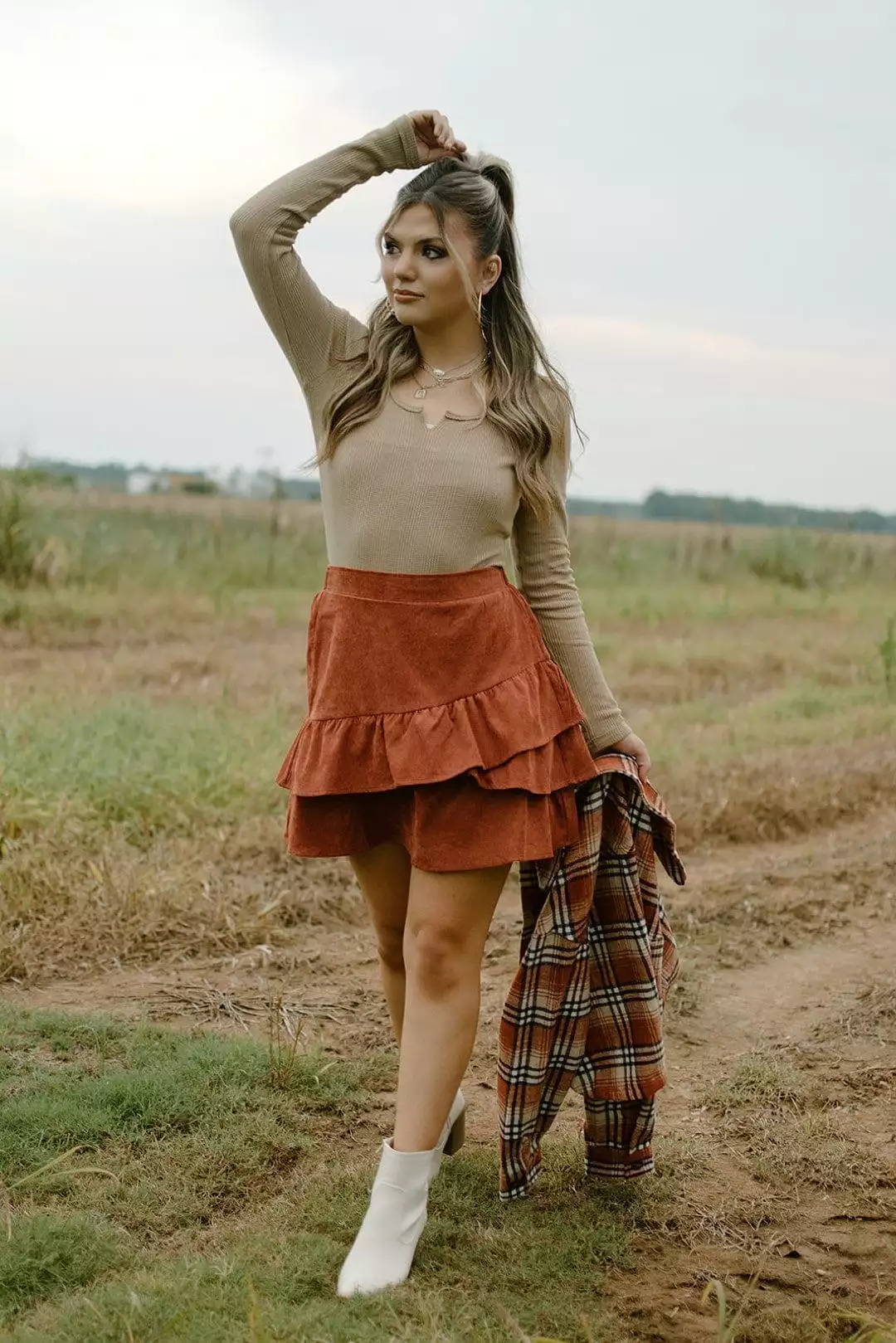 Rust Corduroy Two Tier Mini Skirt