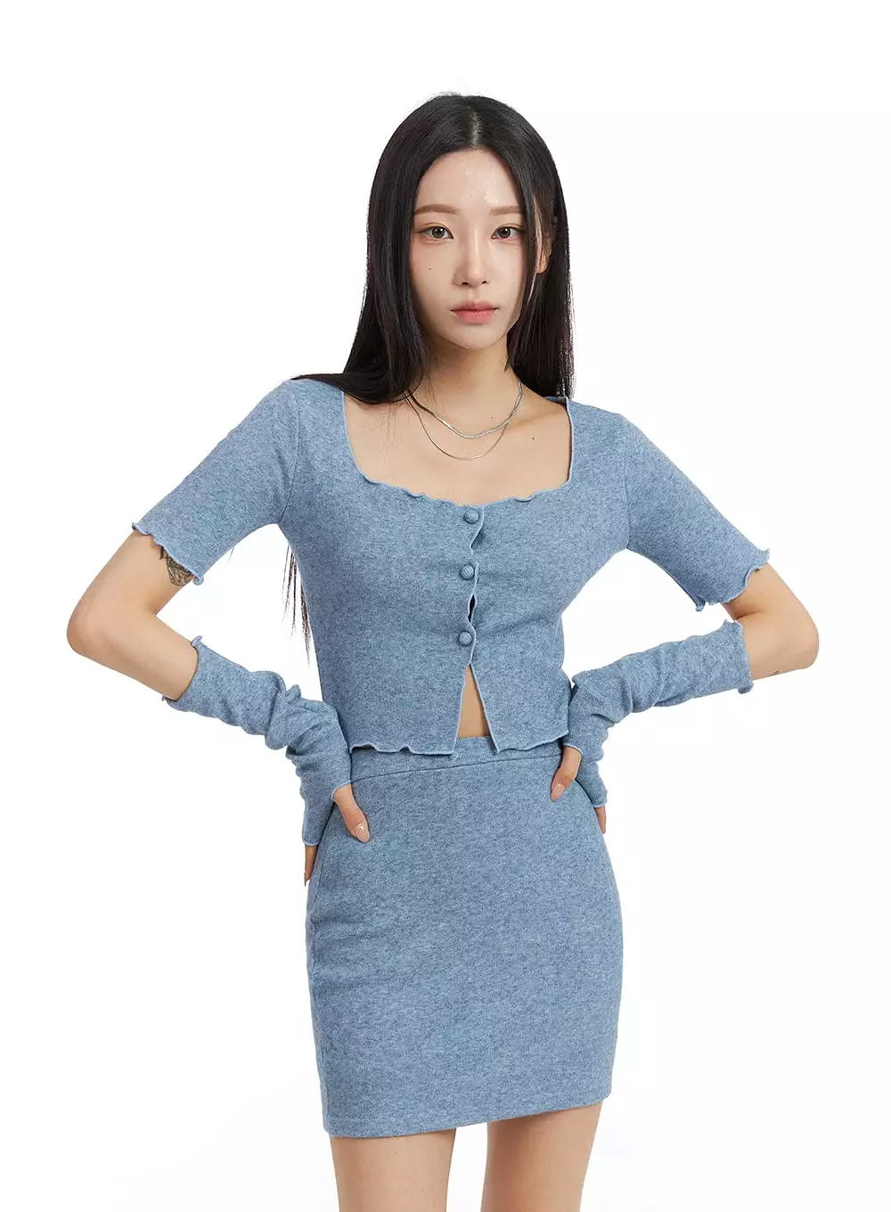 Square Neck Crop Tee with Hand Warmer Skirt Set CJ408