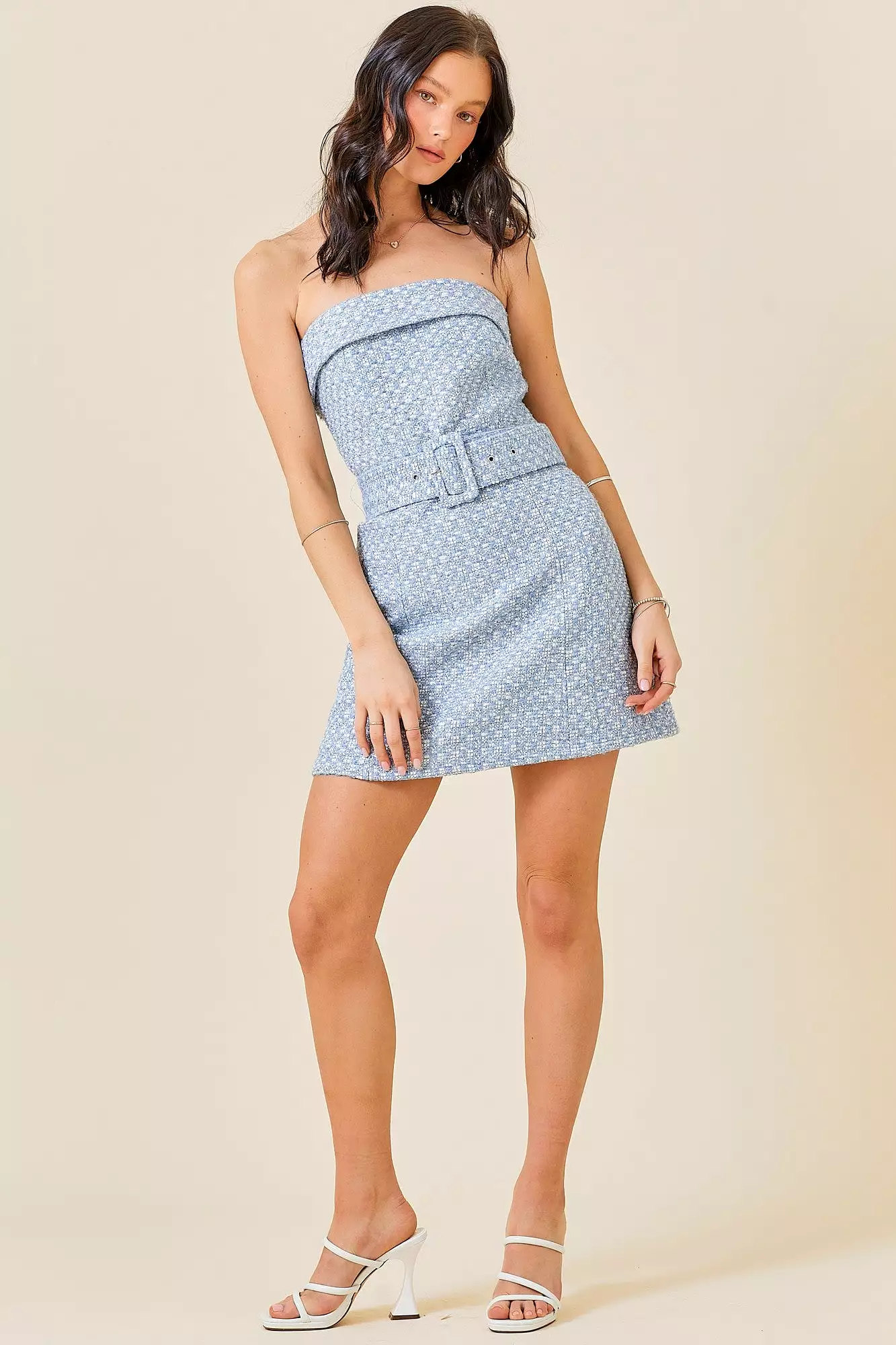 Strapless Holdover Tweed Belted Mini Dress