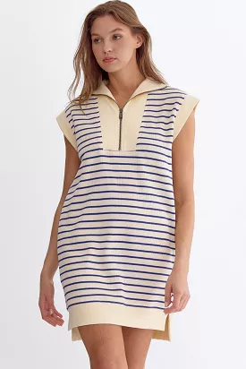 Stripe Print Ribbed Cap Sleeve Mini Dress