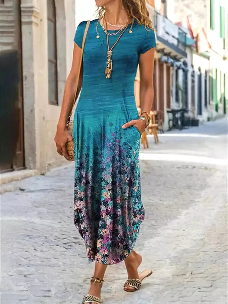 Stylish Floral and Tie Dye Print Maxi Dress with Pockets