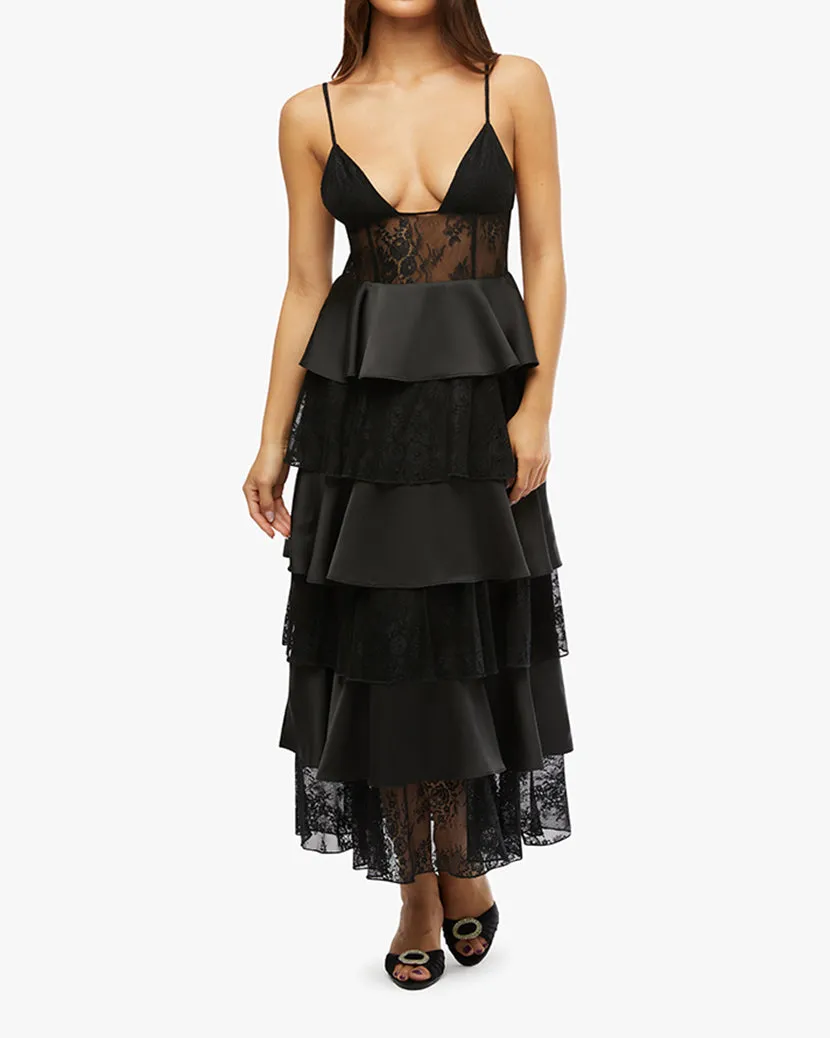 Tiered Lace Midi Dress | Black