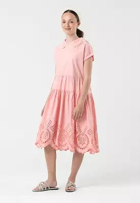 Tiered Schiffli Skirt Pearls Details Midi Dress