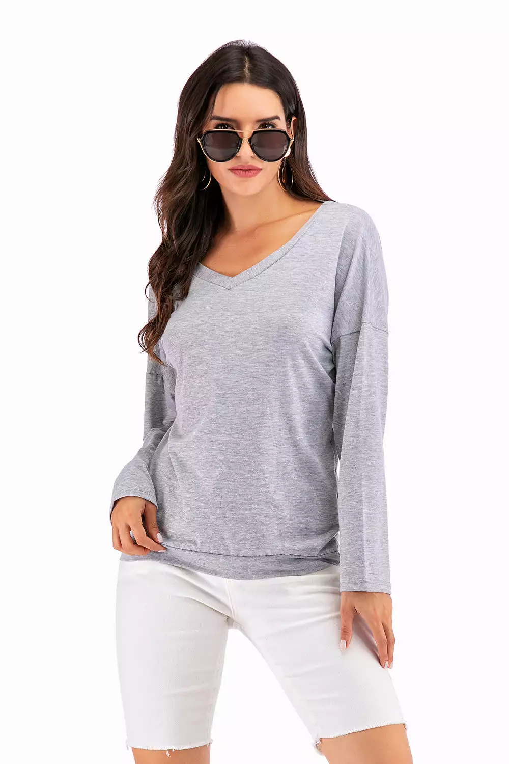 V-Neck Drop Shoulder Open Back Sweater