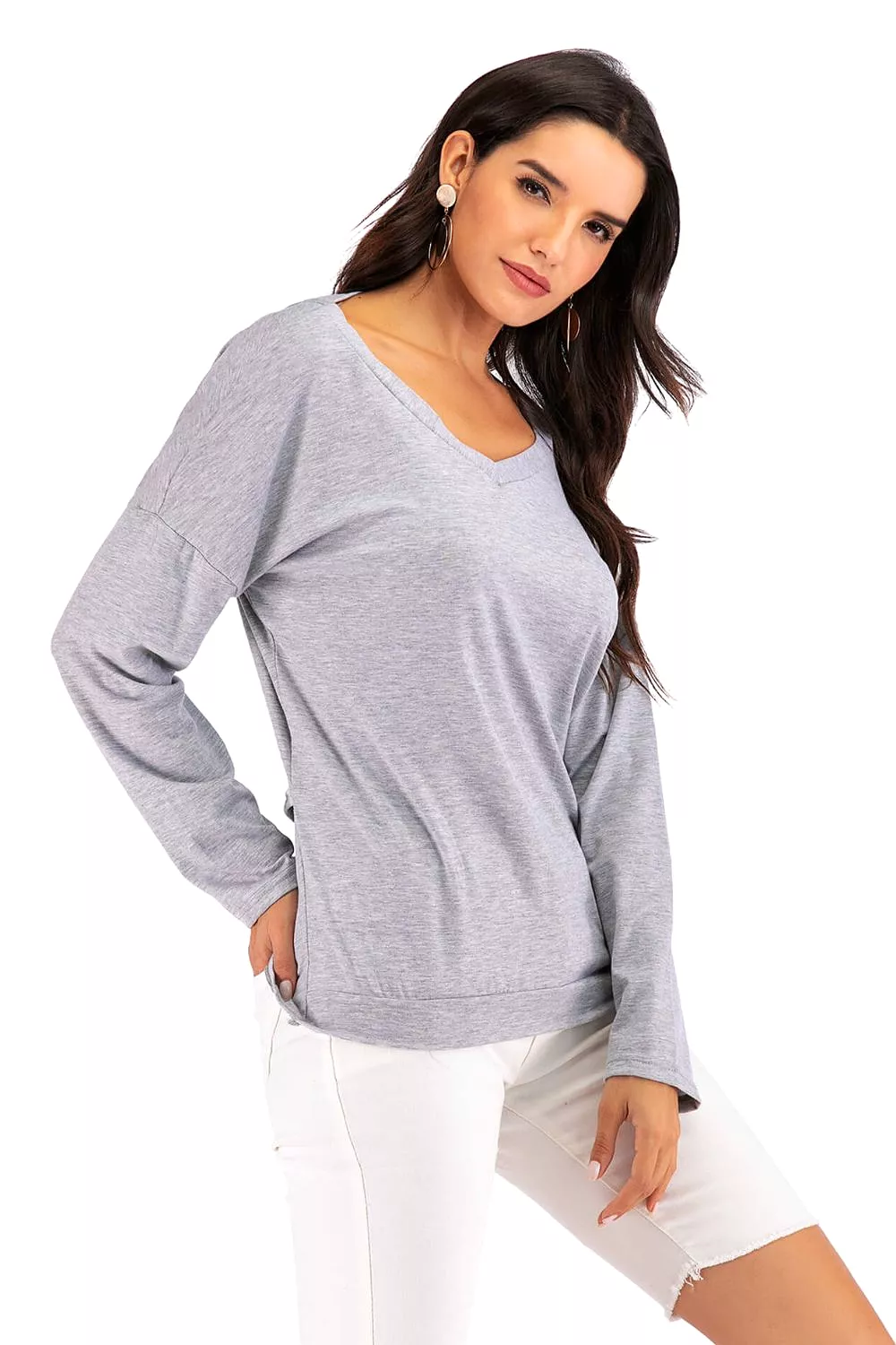 V-Neck Drop Shoulder Open Back Sweater