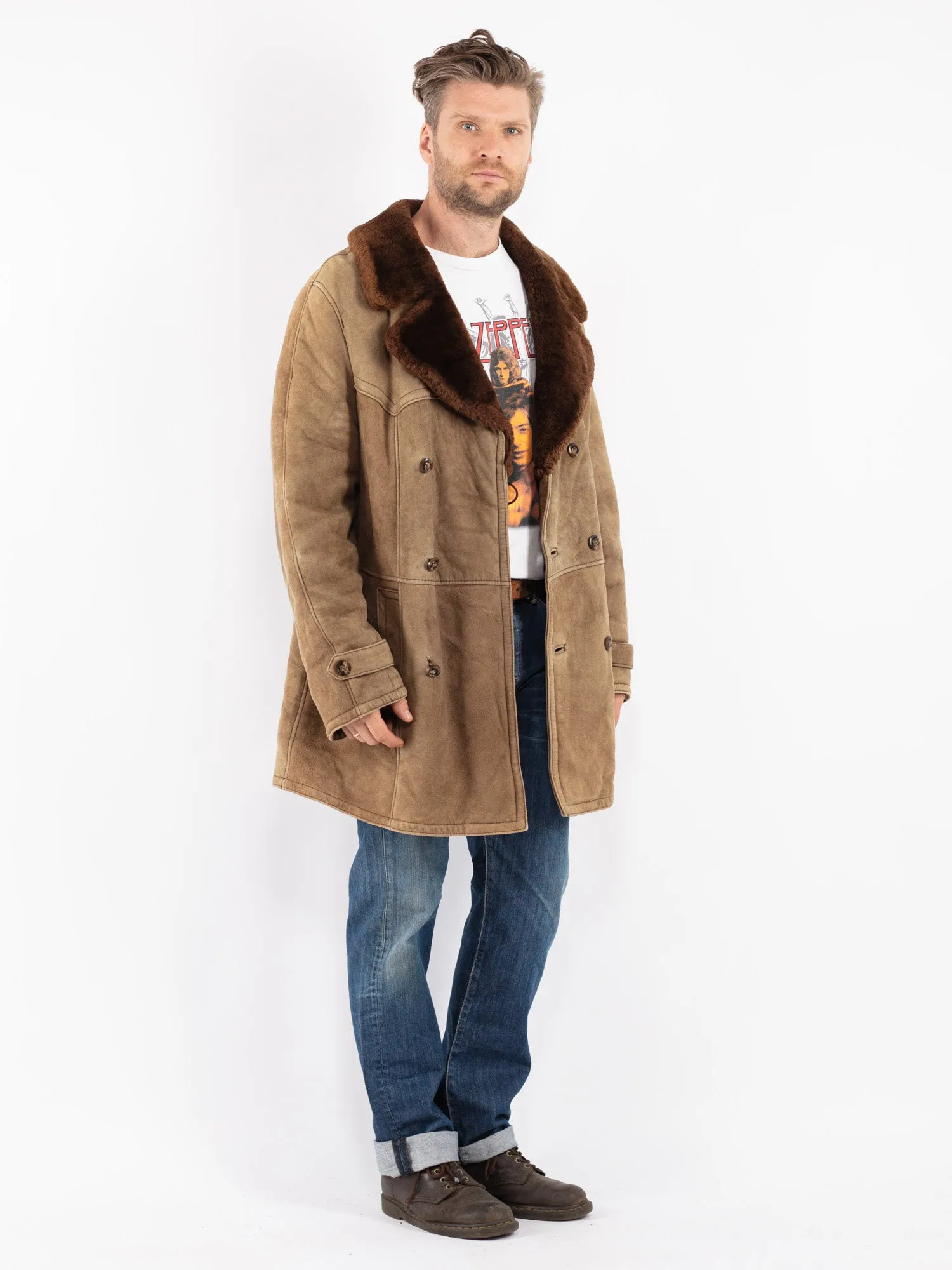 Vintage 70's Men Sheepskin Coat in Beige