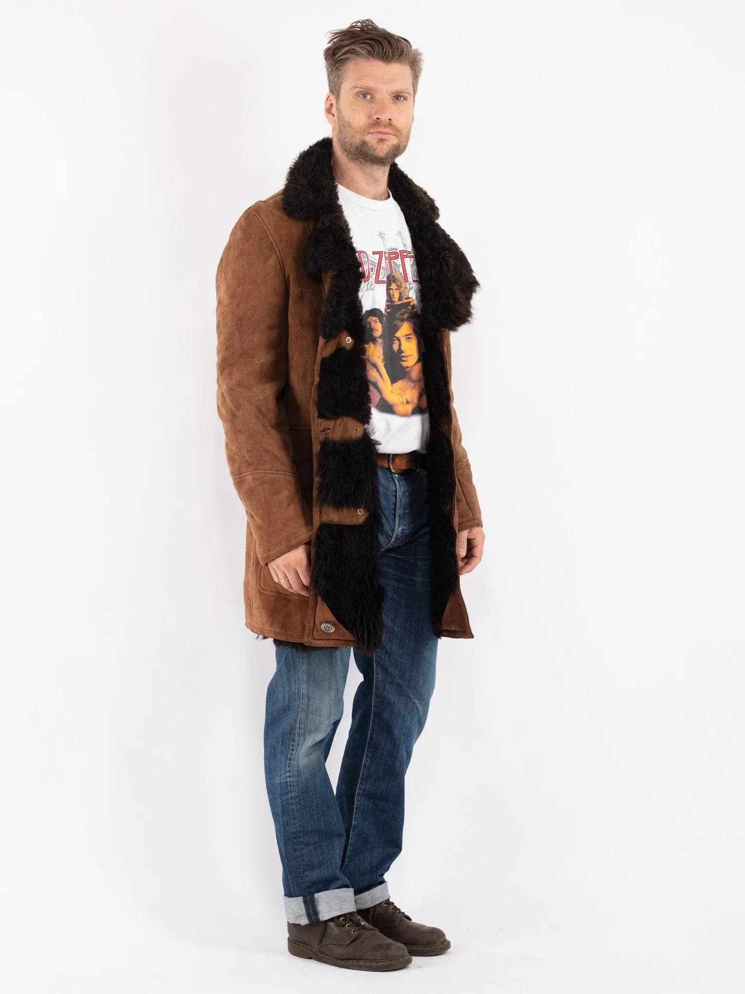 Vintage 70's Men Sheepskin Shearling Coat in Brown