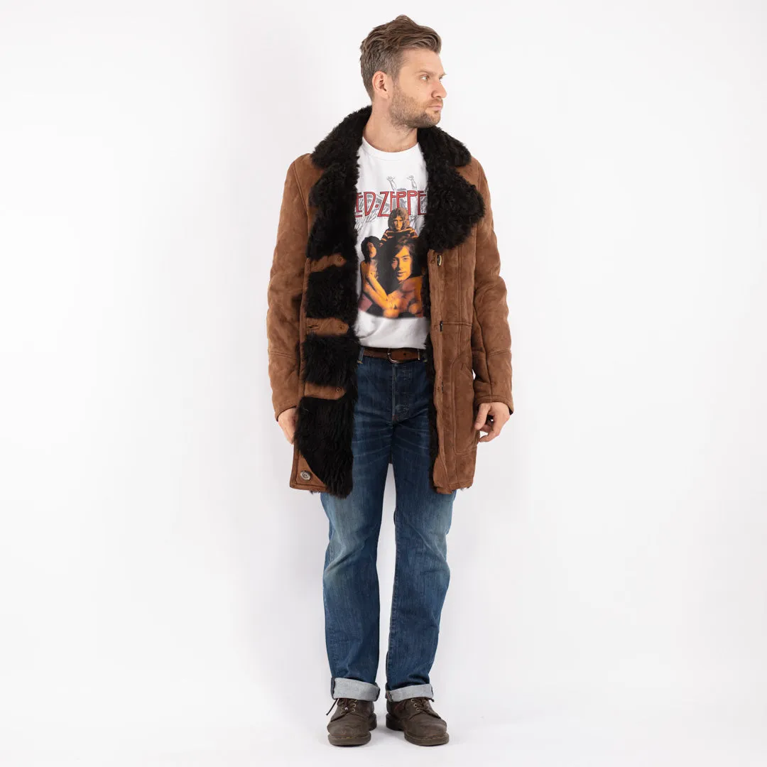 Vintage 70's Men Sheepskin Shearling Coat in Brown