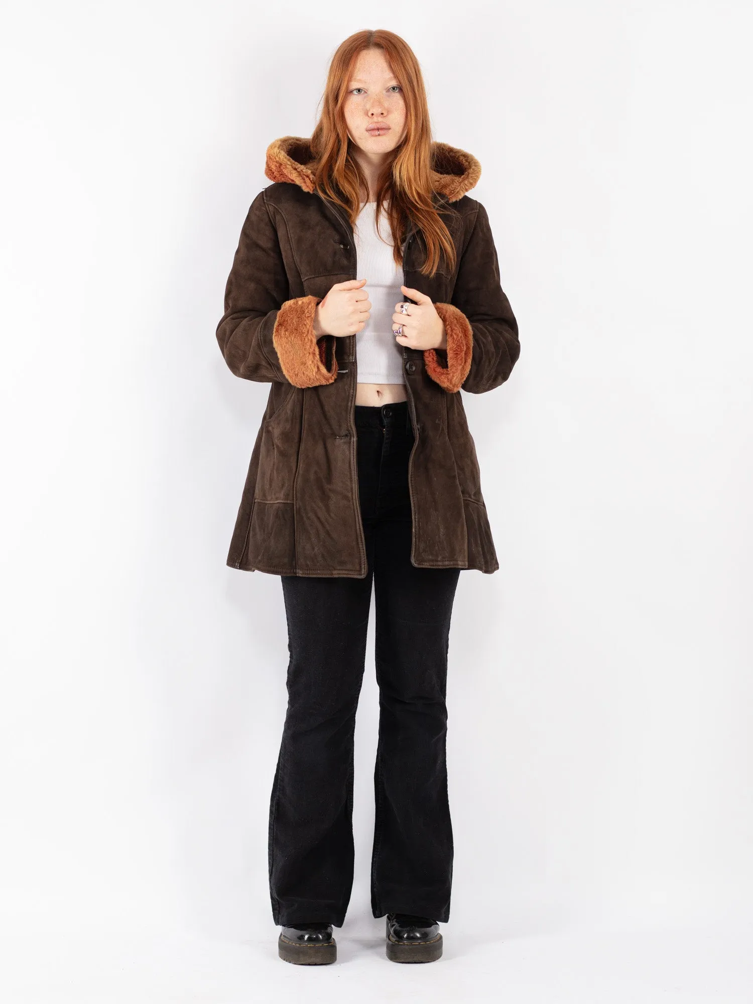 Vintage 70's Women Hooded Sheepskin Coat in Brown